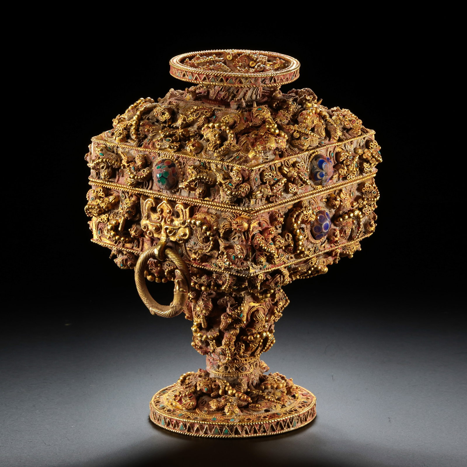 Pre-Ming Dynasty Silver-Gilt Filigree Gem-Inlaid High-Footed Incense Burner Box: H. 15cm.W.9.5cm.weight. 925grams