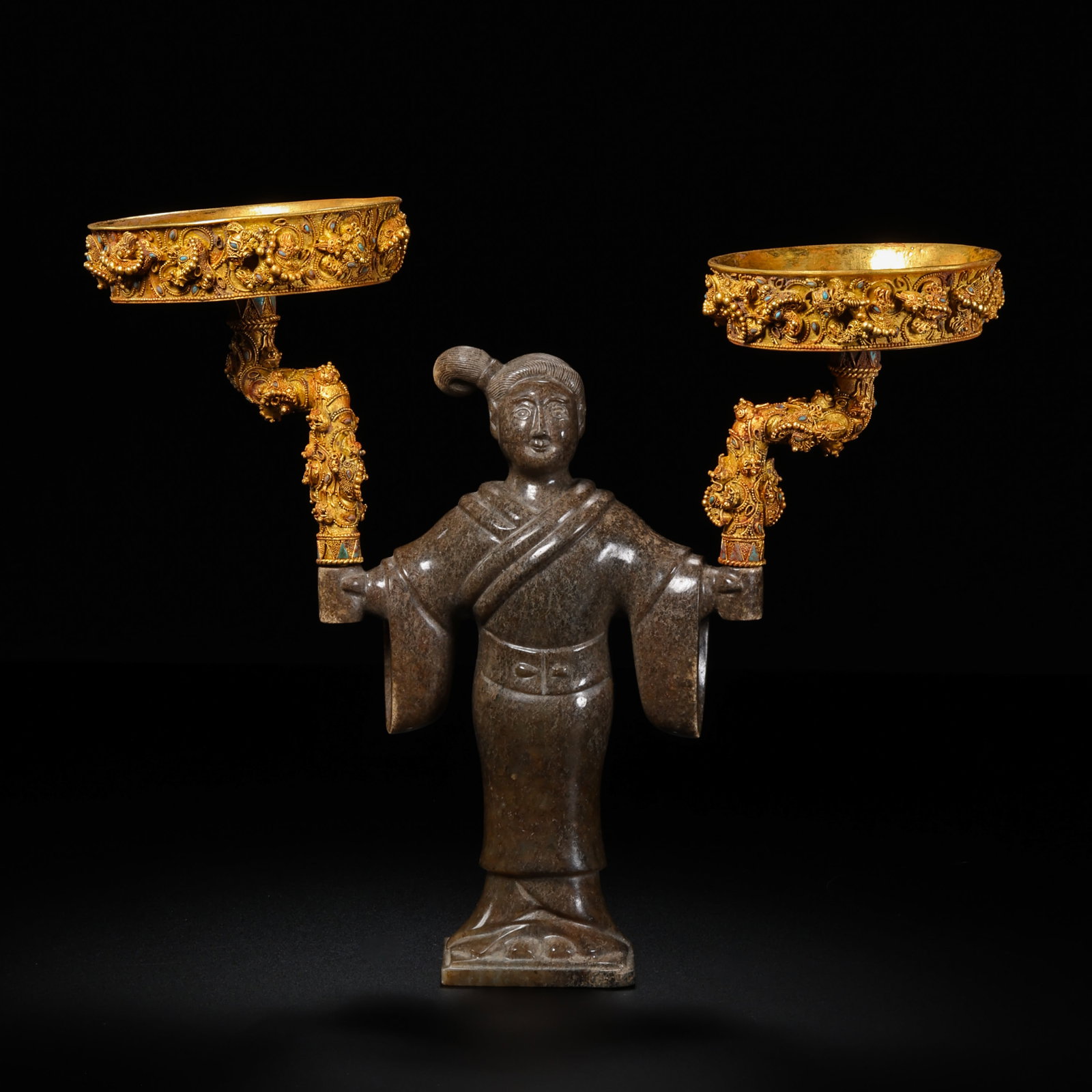 Pre-Ming Dynasty Silver-Gilt Granulation Double Lamp Ornament with Jade Figures: H. 19cm.W.23.5cm.weight. 951grams