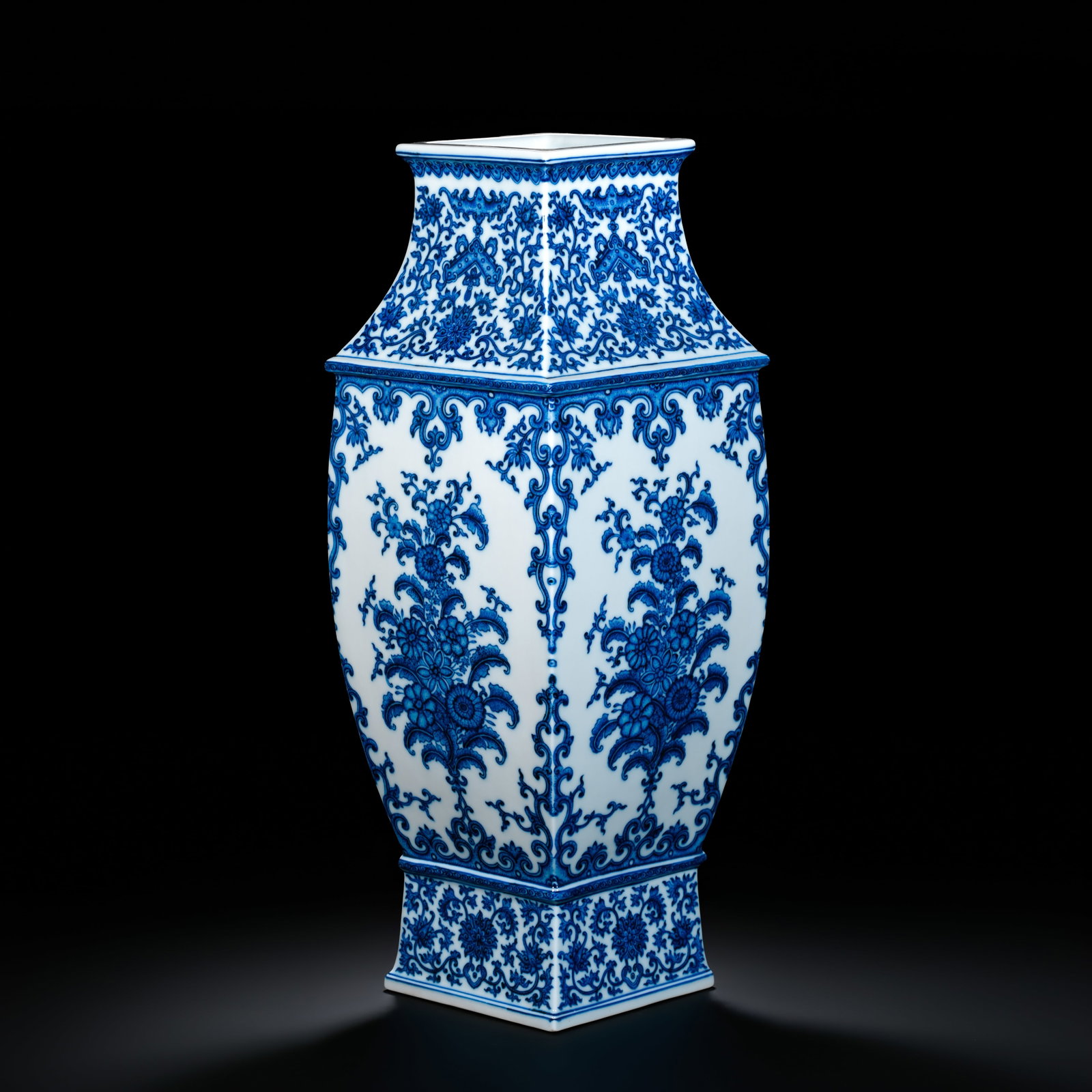 Qing Dynasty Underglaze Blue Interlocking Floral Pattern Large Square Vase: H. 56cm.W.20cm.