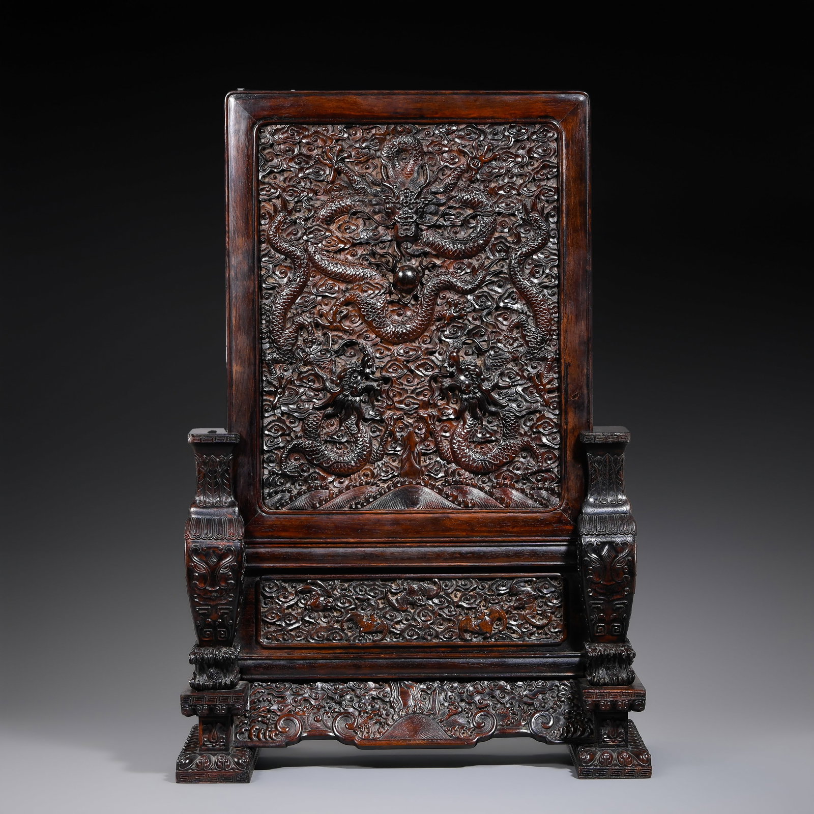Qing Dynasty Zitan Wood Dragon- Pattern Scholar's Screen: H. 54cm.W.36cm.weight.5250grams