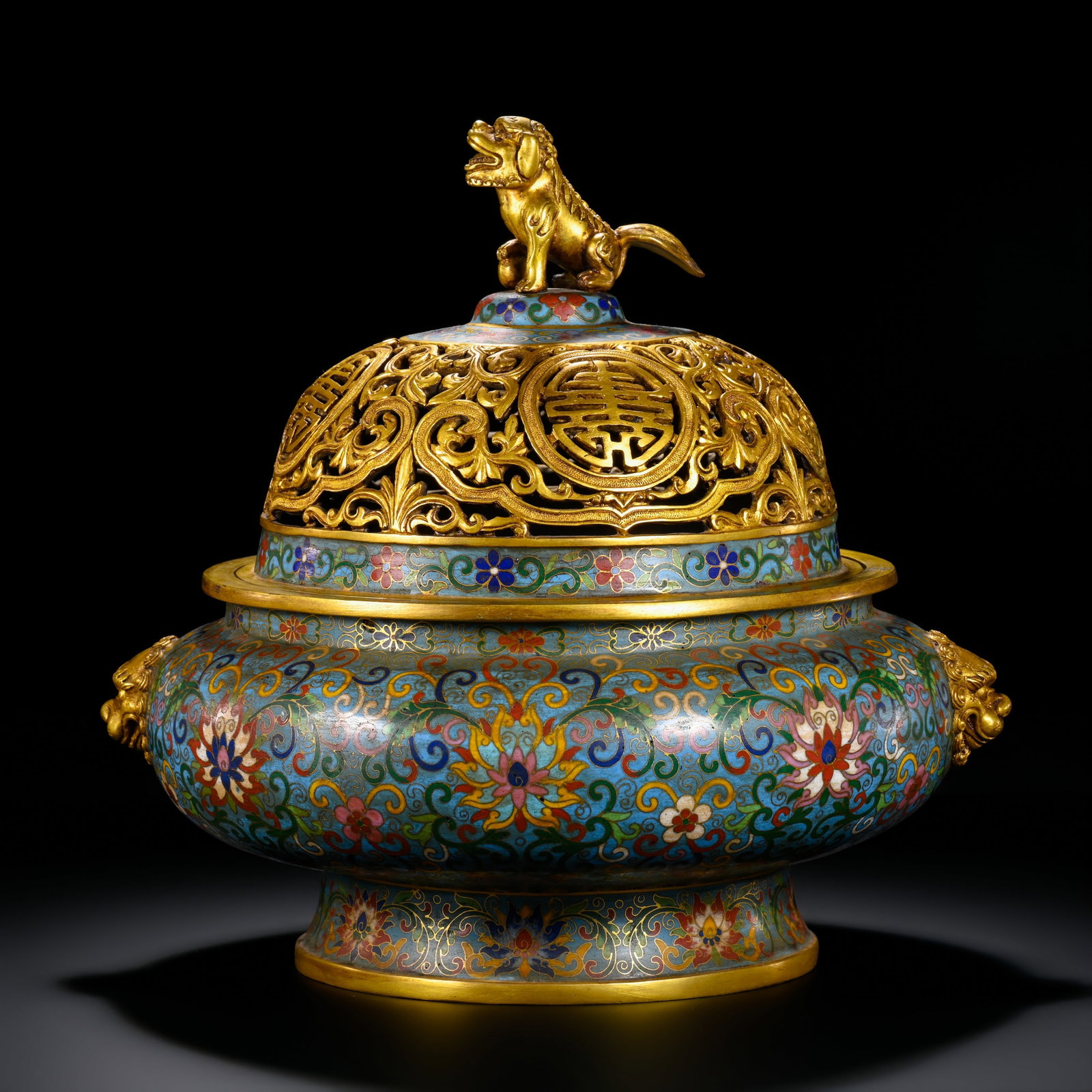 Qing Dynasty Bronze Gilt Cloisonné Enamel Lion-Finial Beast-Handled Incense Burner: H. 16cm.W.28cm.weight.7600grams