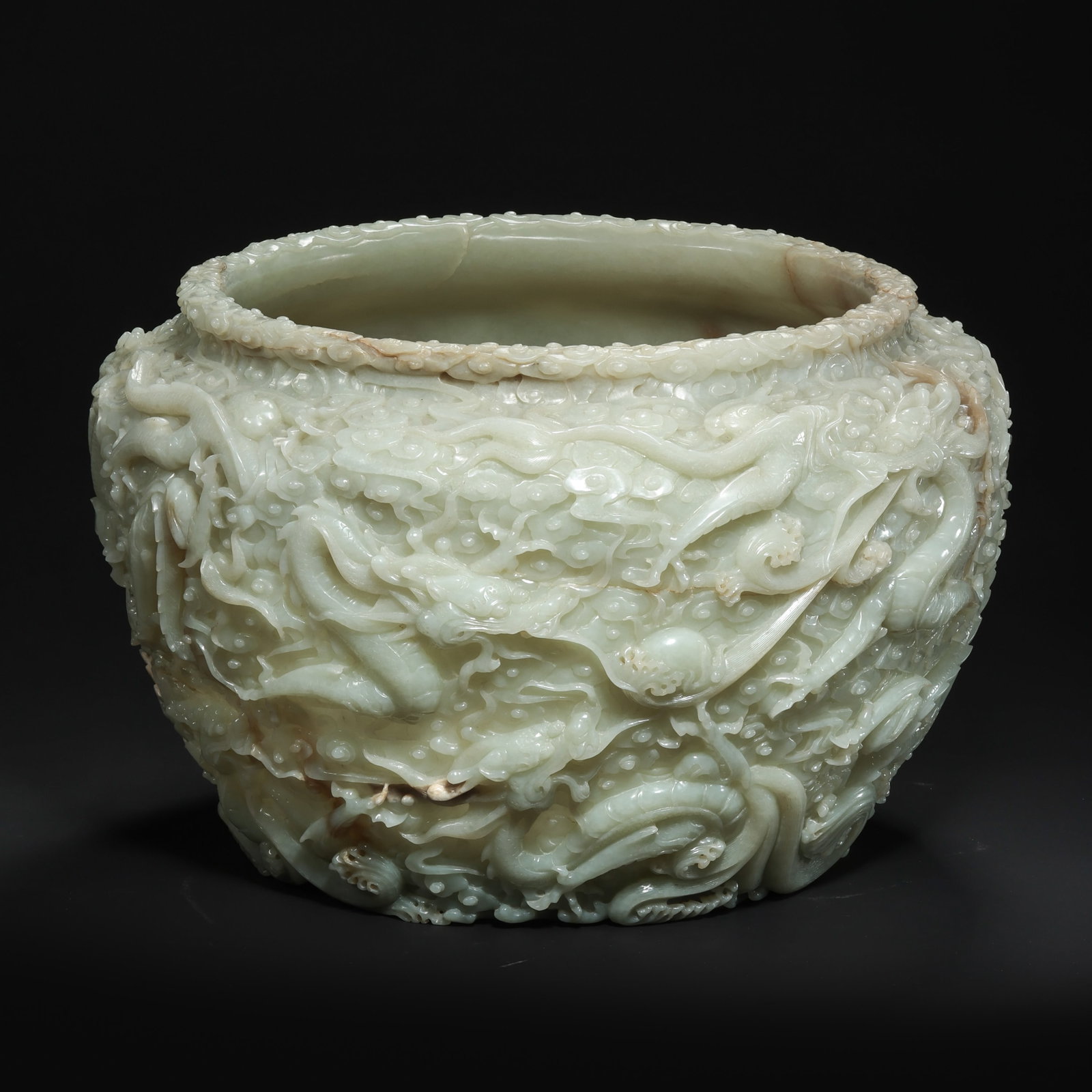 Qing Dynasty Hetian Jade High-Relief Nine-Dragon Large Basin: H. 24cm.W.37cm.weight. 11800grams