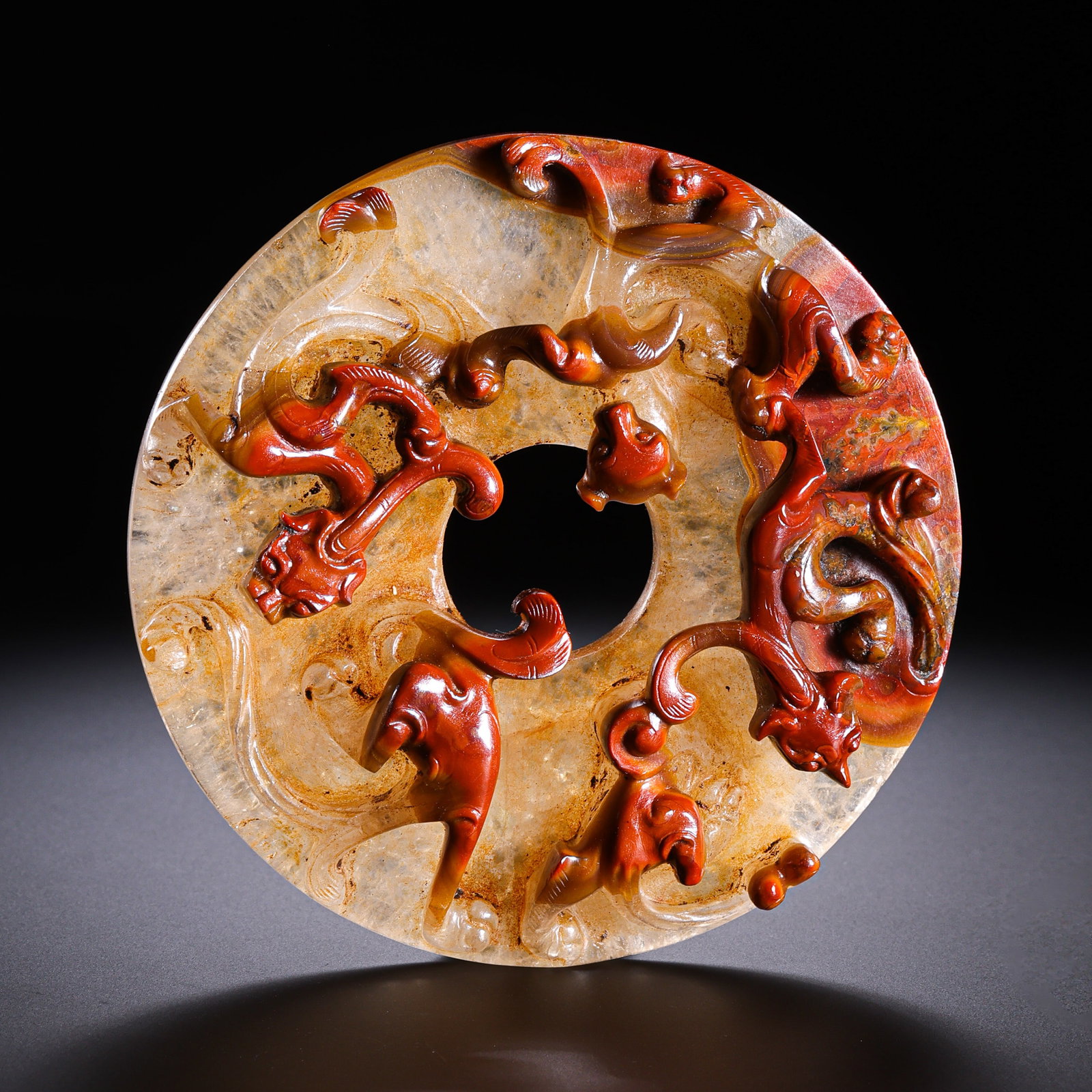 Pre-Ming Dynasty Warring States Red Agate Chilong Bi Disc: W.8.5cm.weight.134grams