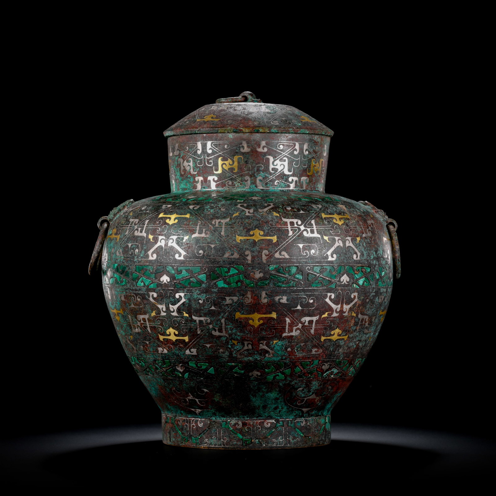 Pre-Ming Dynasty Gold and Silver Inlaid Covered Vase: H. 22cm.W.21cm.weight.3160grams
