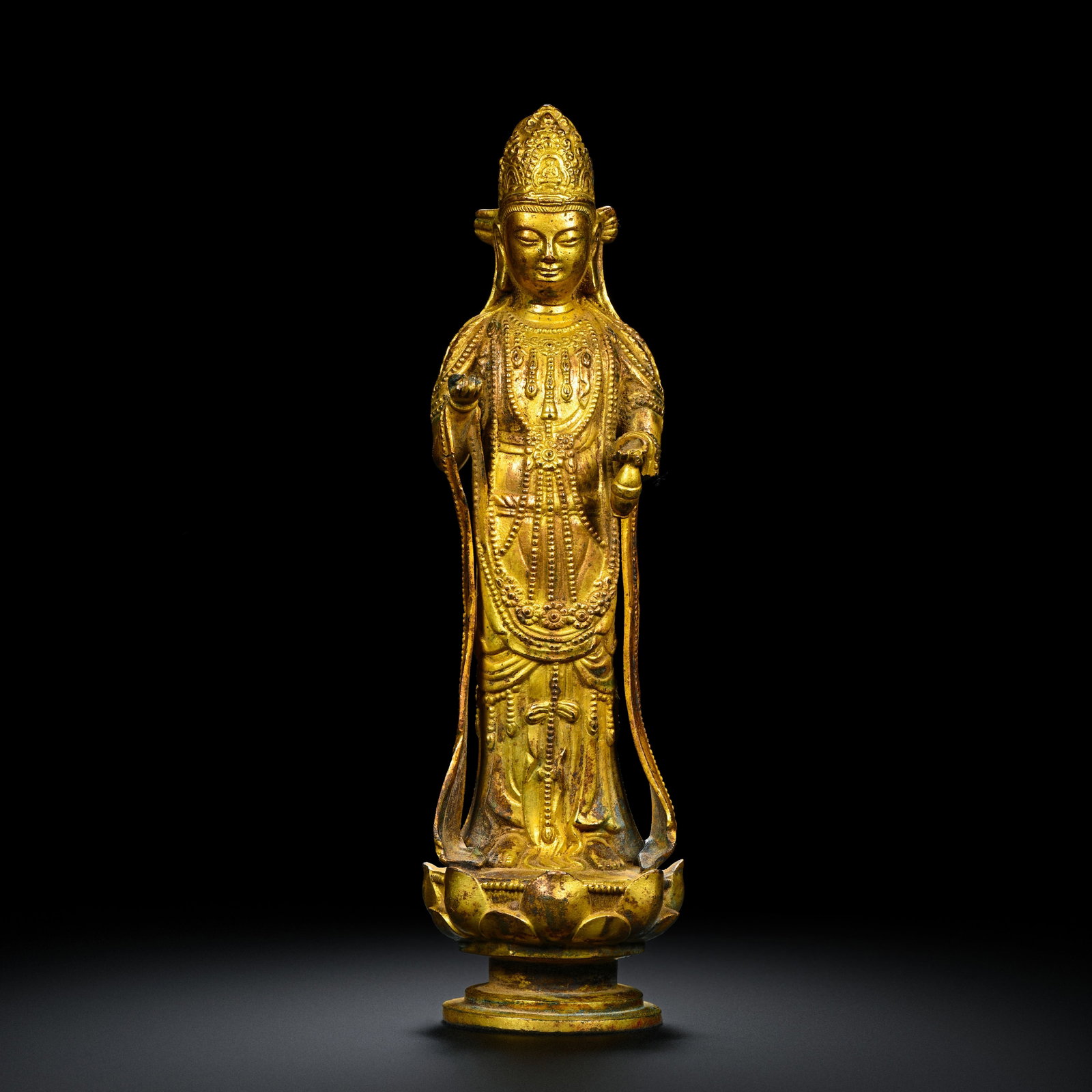 Pre-Ming Dynasty Gilt-Bronze Buddhist Statue: H. 17cm.W.5.5cm.weight.900grams