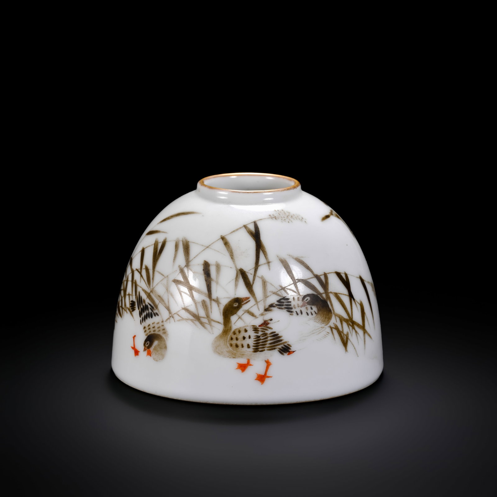 Qing Dynasty Famille Rose Reed and Wild Goose Pattern??? (Horseshoe-Shaped Zun): H. 7.5cm.W.10cm.