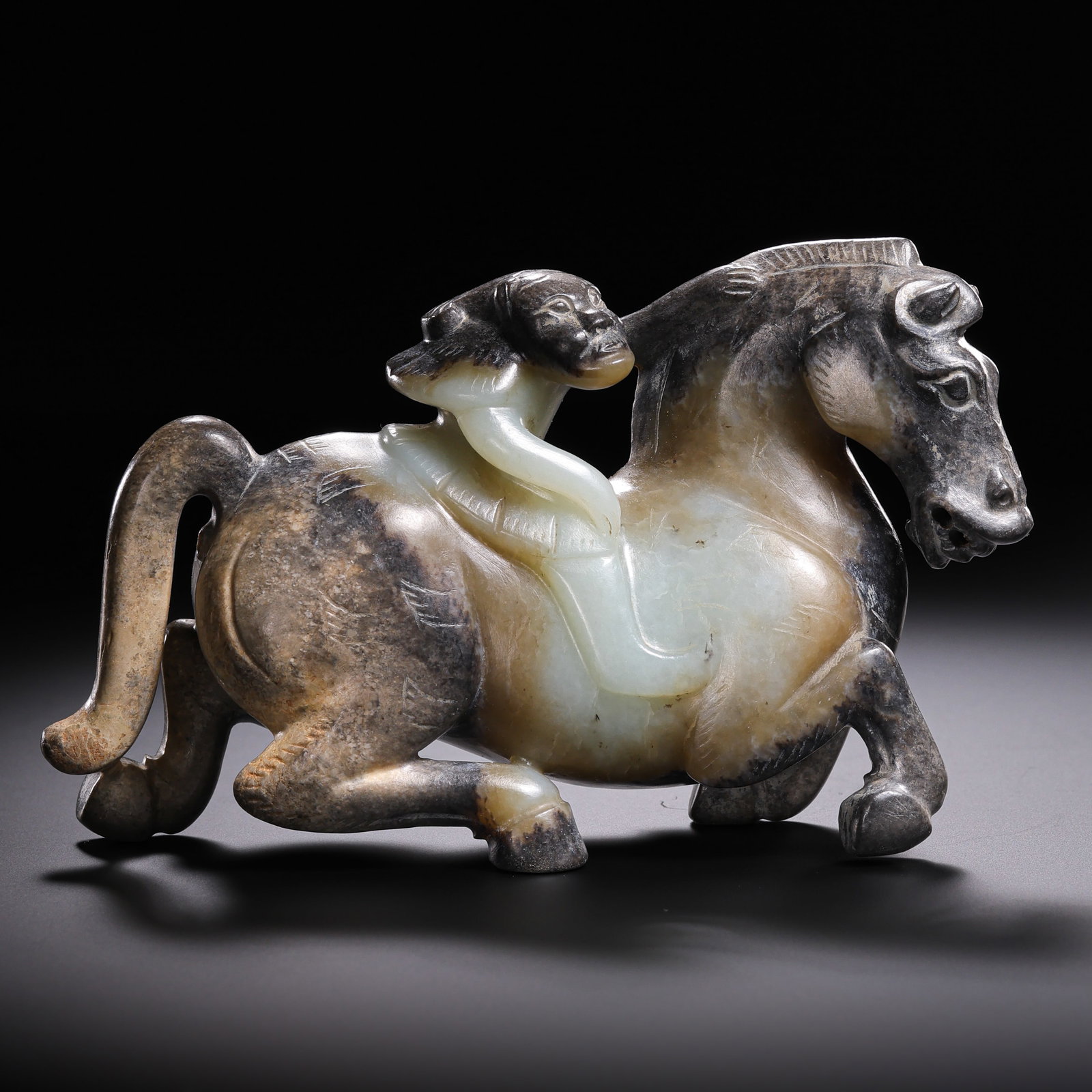 Pre-Ming Dynasty Hetian Jade "Immediate Promotion" (Ma Shang Feng Hou) Ornament: H. 7cm.W.10.5cm.weight. 272grams