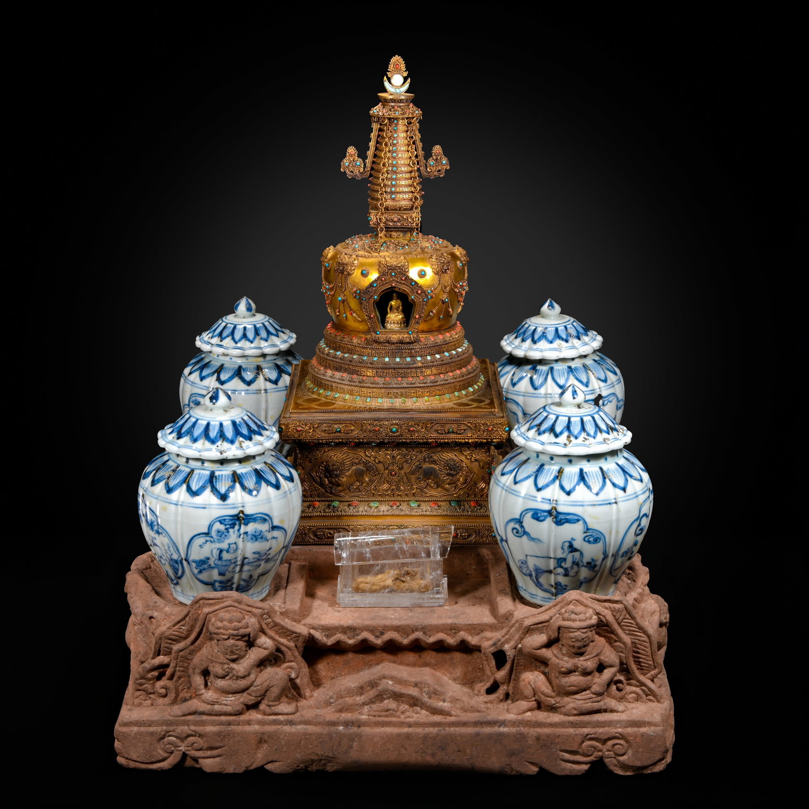 Old Collection Tibetan Style Gilt Stupa with Underglaze Blue Offering Jar, Crystal, and Stone Base,: H. 57cm.W.50cm.