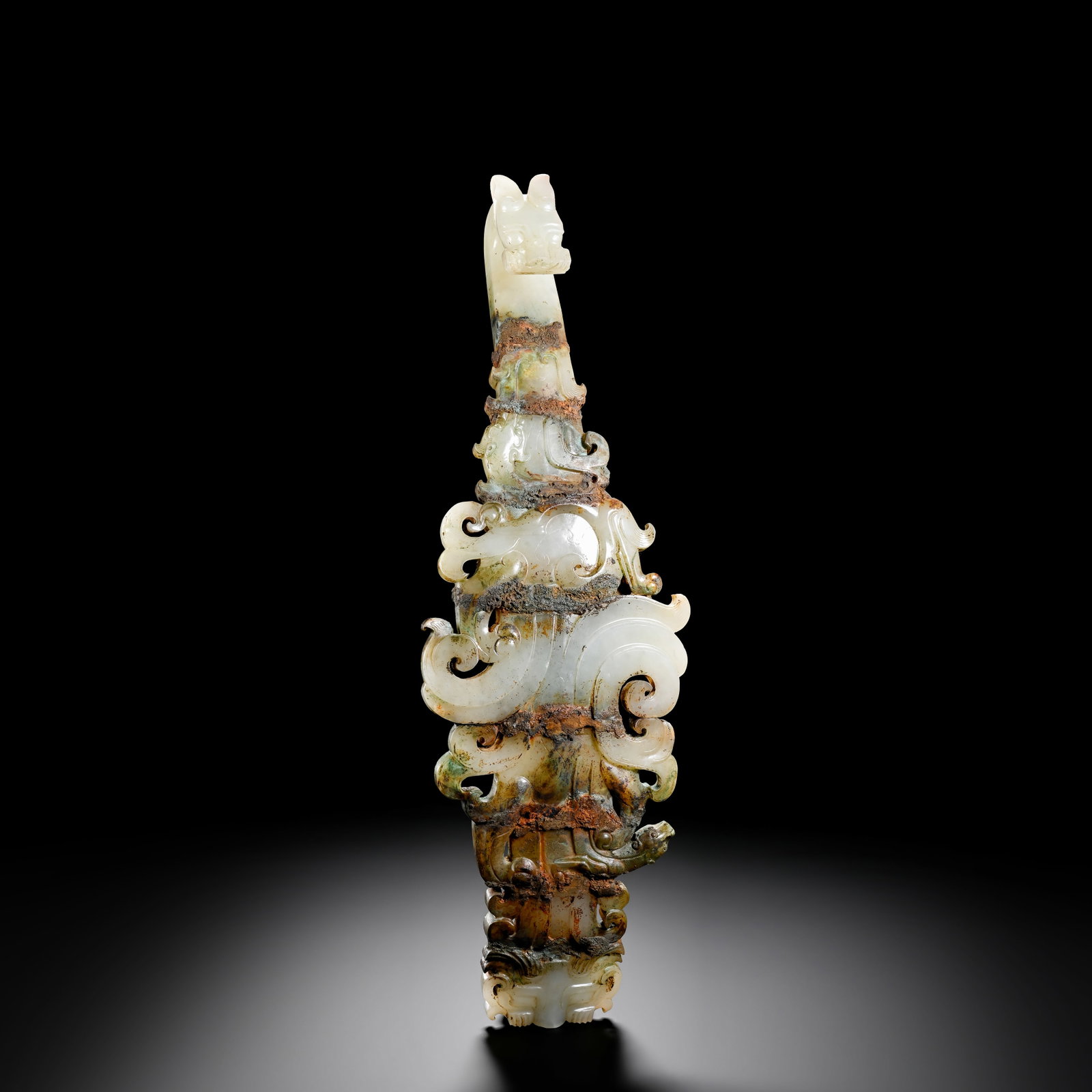 Pre-Ming Dynasty Eight-Section Dragon- Pattern Jade Belt Hook: H. 28cm.W. 9cm.weight. 498 grams