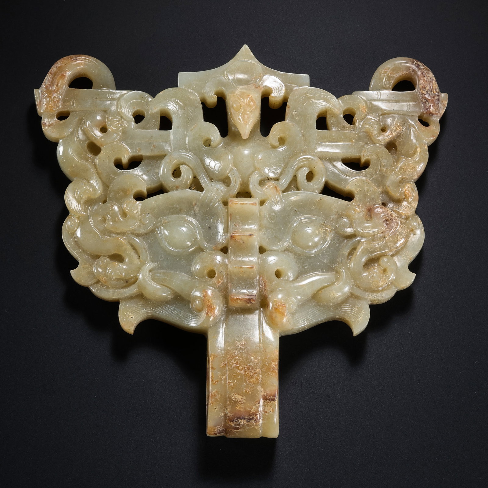 Pre-Ming Dynasty Hetian Jade Openwork Beast-Face Ring-Handled Plaque (Pushou): H. 13.7cm.W.13cm.weight. 300grams