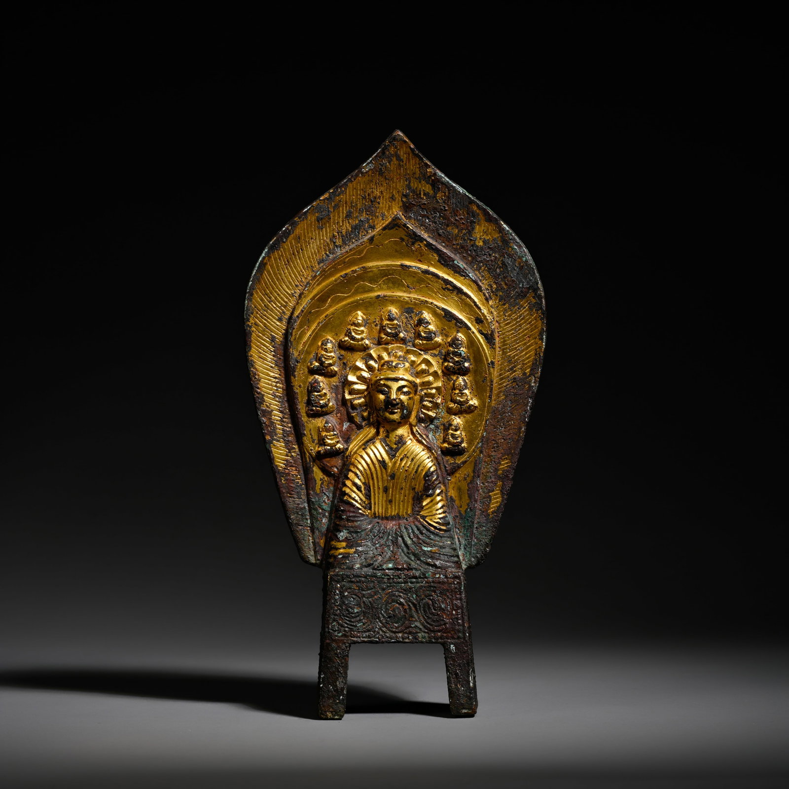 Pre-Ming Dynasty Gilt-Bronze Bench-Style Buddhist Statue: H. 22cm.W.11cm.weight. 1618grams