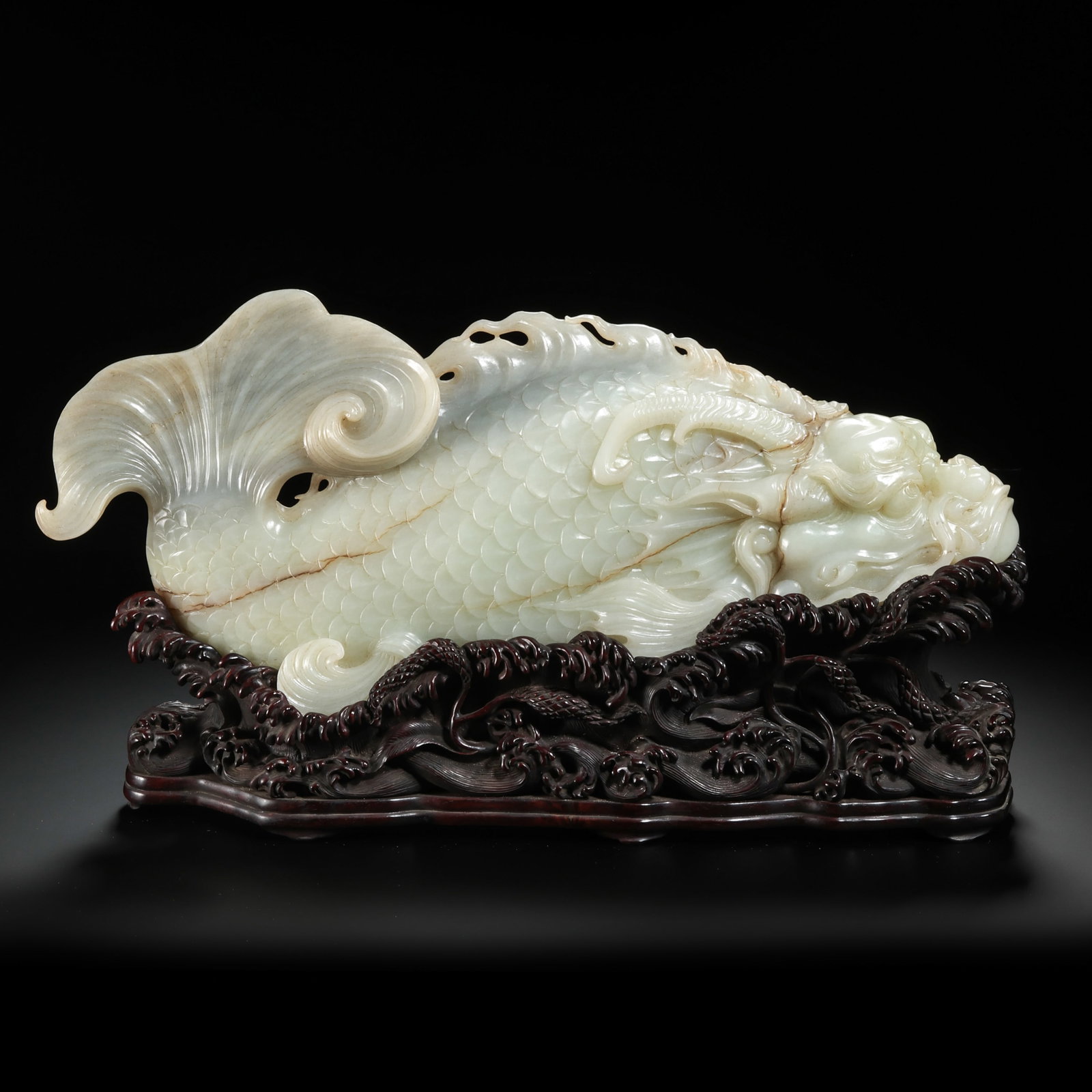Qing Dynasty Hetian White Jade Large Fish-Dragon Ornament: H. 18cm.W.41.5cm.weight. 5694grams