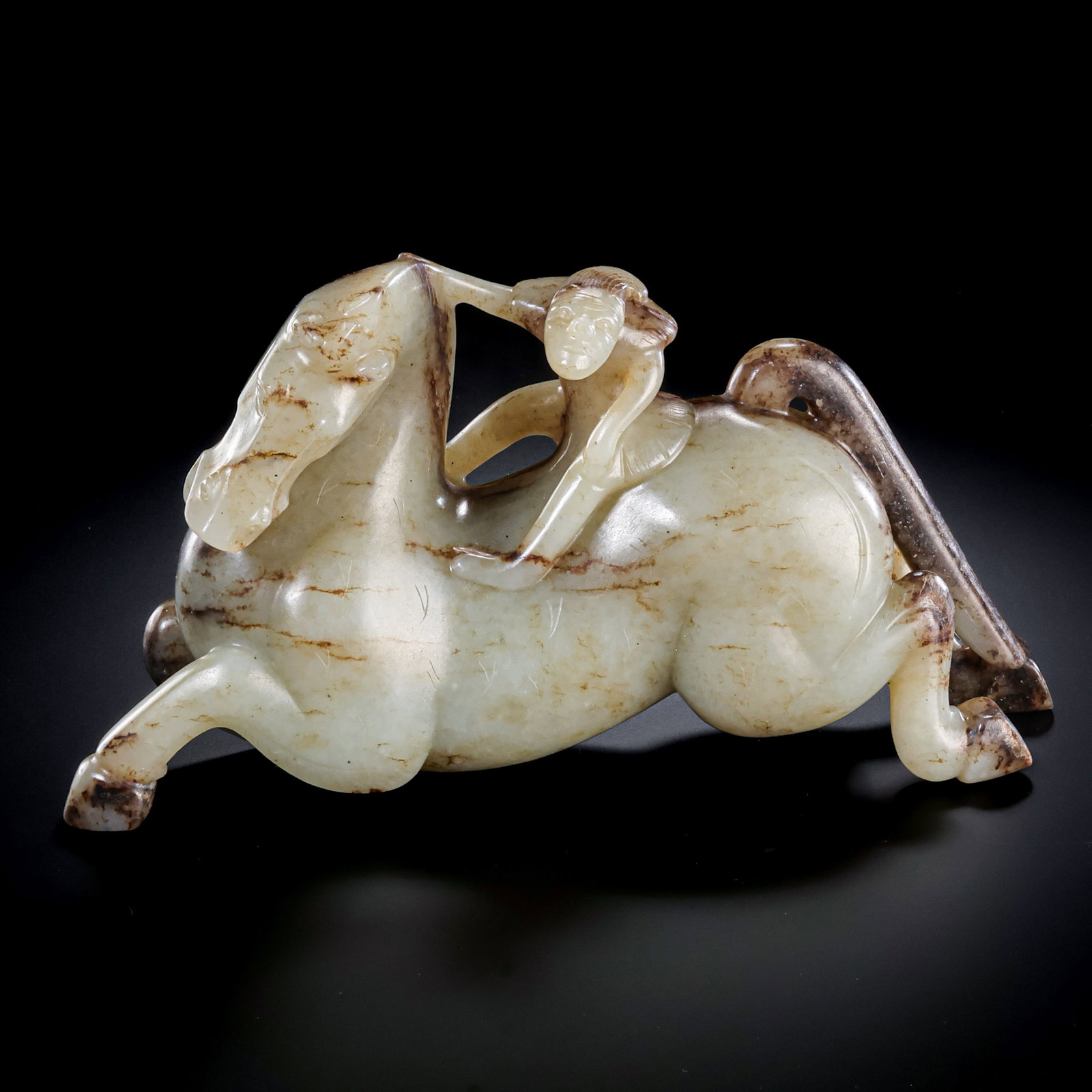Pre-Ming Dynasty Hetian Jade Feathered Man Riding a Horse Ornament: H. 9.5cm.W.18.5cm.weight.917grams