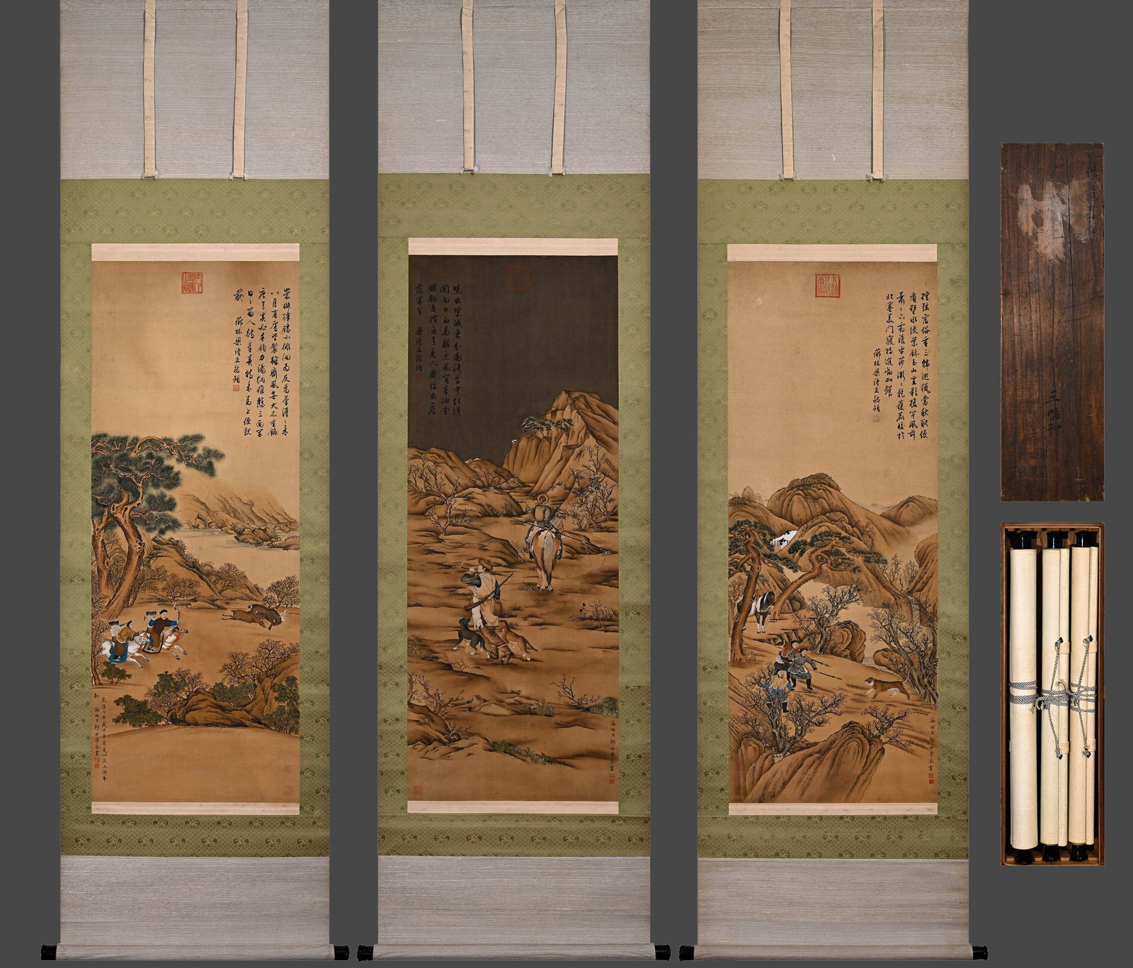 Lang Shining (Giuseppe Castiglione) Hunting Scene Three-Panel Screen: L:39cm H:118cm