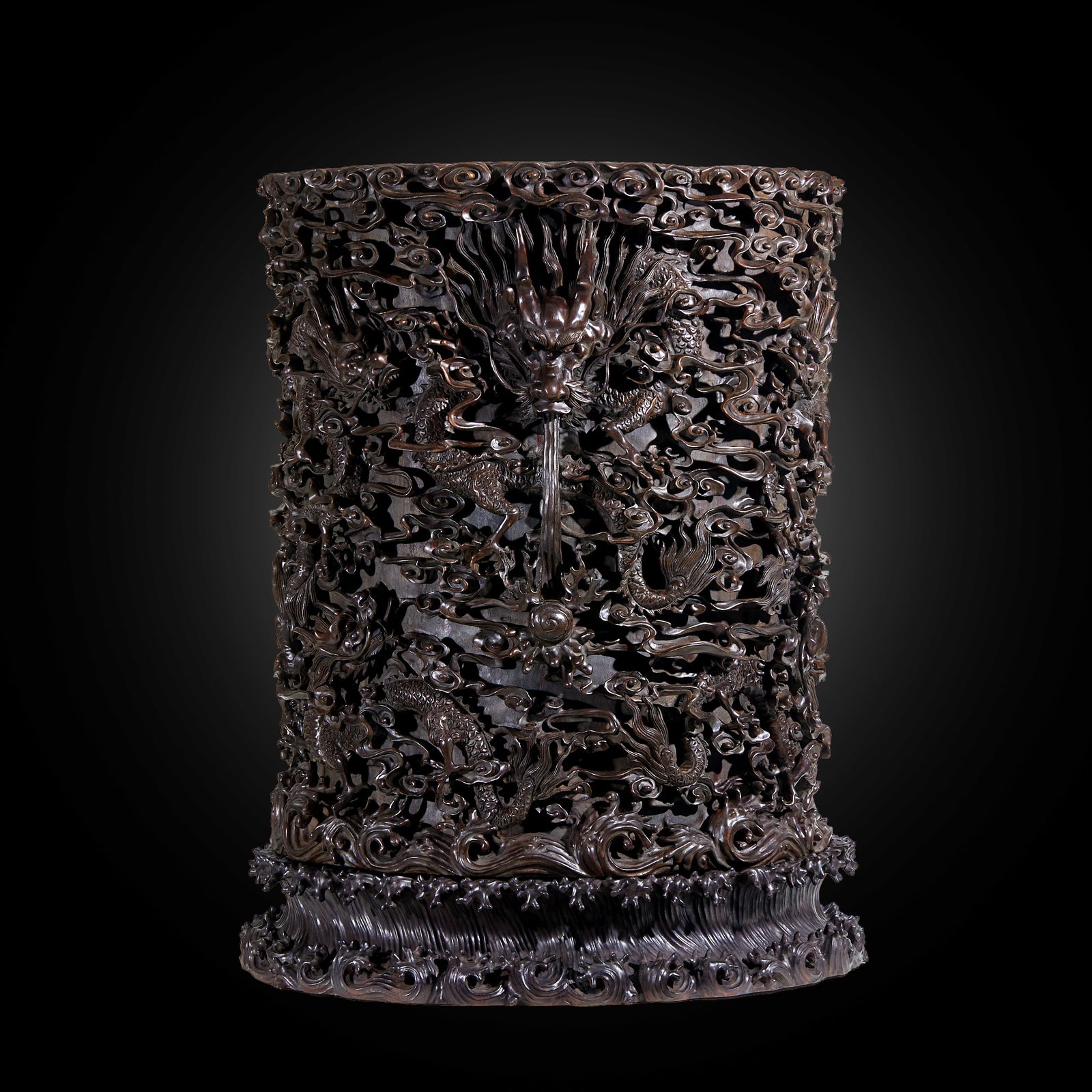 Qing Dynasty Zitan Wood High-Relief Nine Dragons in the Sea Large Brush Pot: H. 89cm.W.67cm.