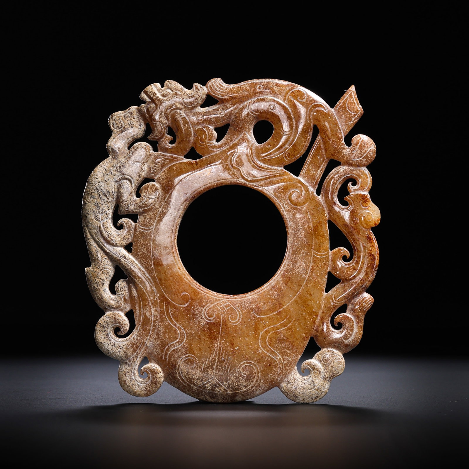 Pre-Ming Dynasty Hetian Jade Openwork Dragon and Phoenix Chicken-Heart Pendant: H. 8cm.W.7.4cm.weight. 42grams