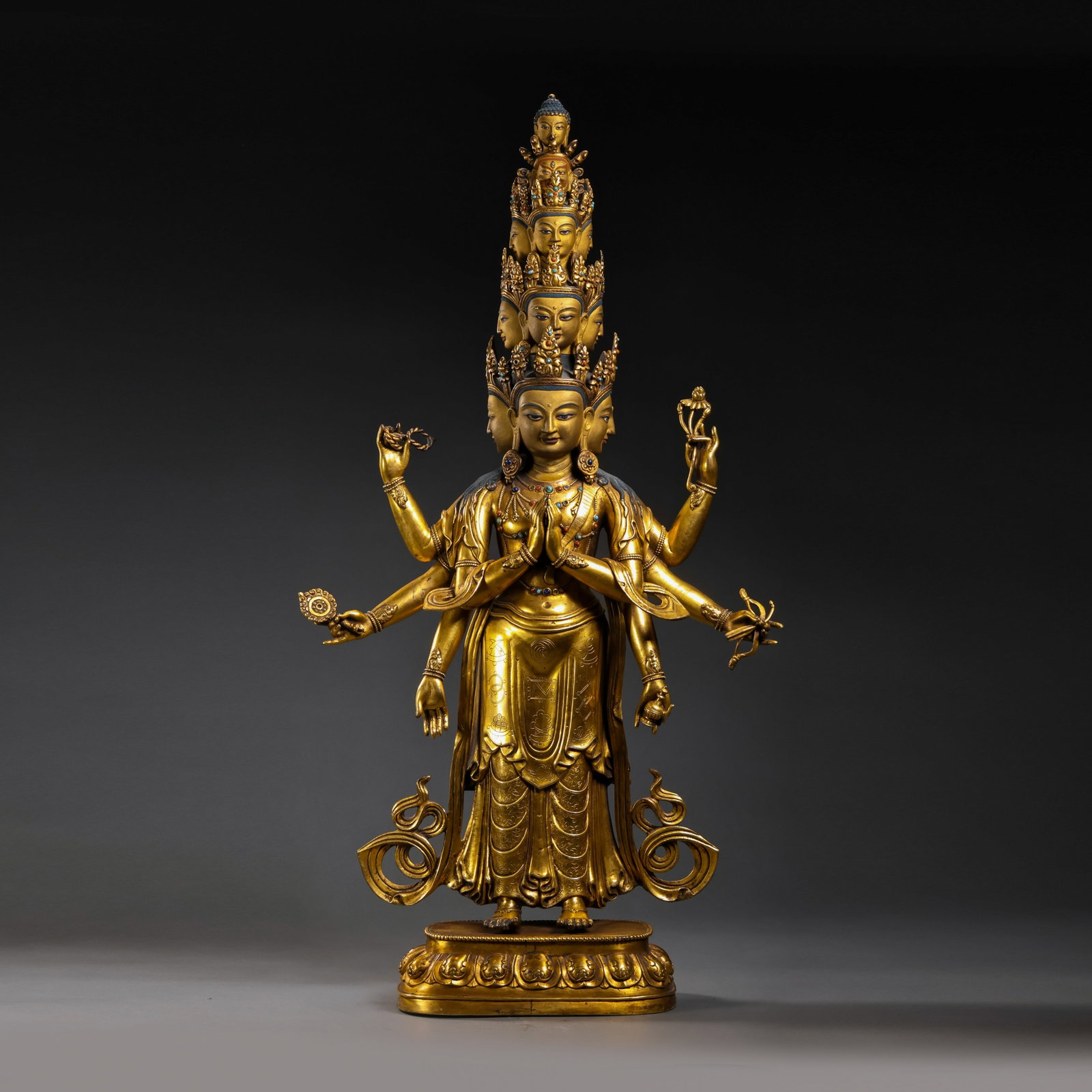 Gilt-Bronze Standing Eleven-Headed Avalokitesvara: H. 71cm.W.38cm.weight. 9500grams