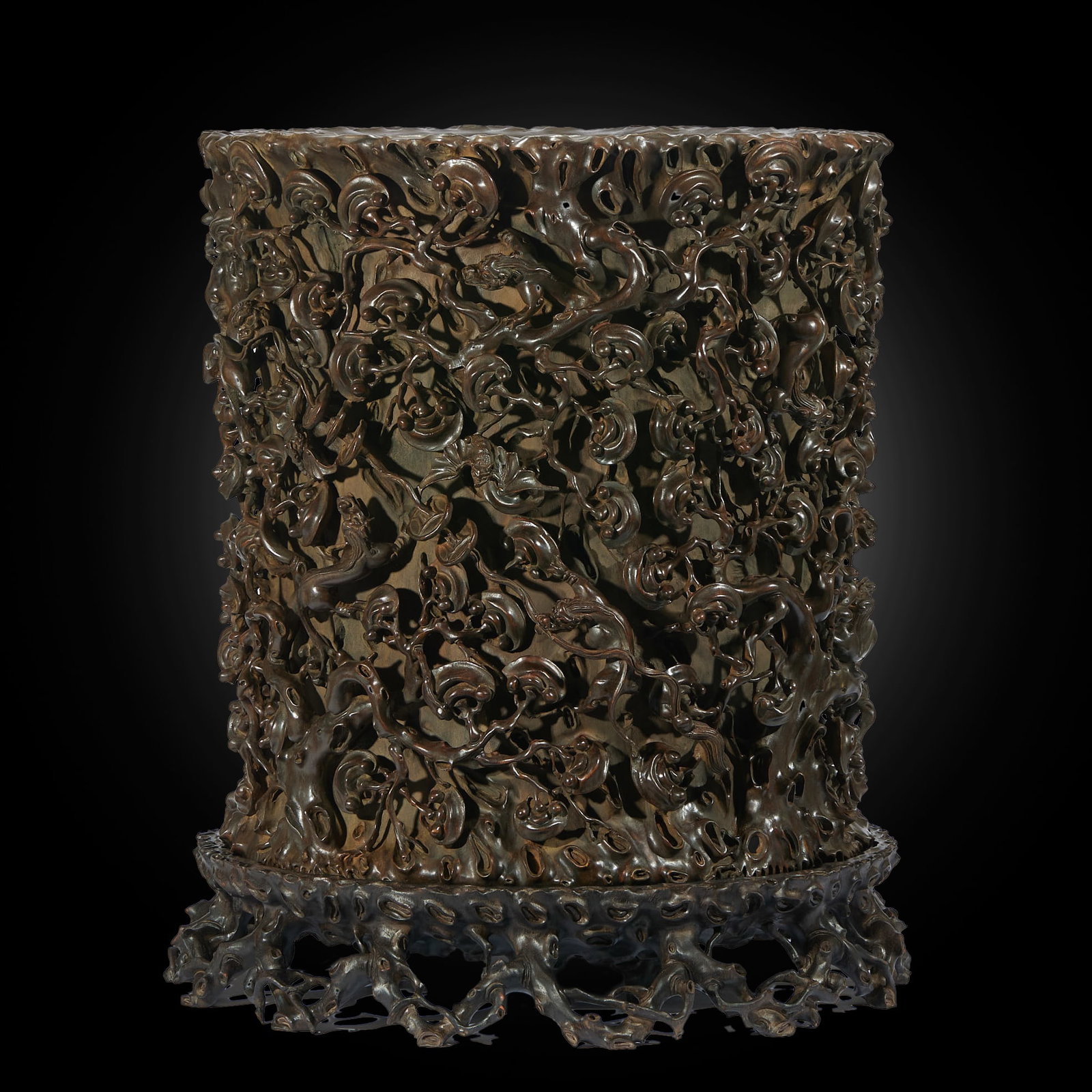 Qing Dynasty Zitan Wood Openwork Chilong and Lingzhi Large Brush Pot: H. 65cm.W.52cm.