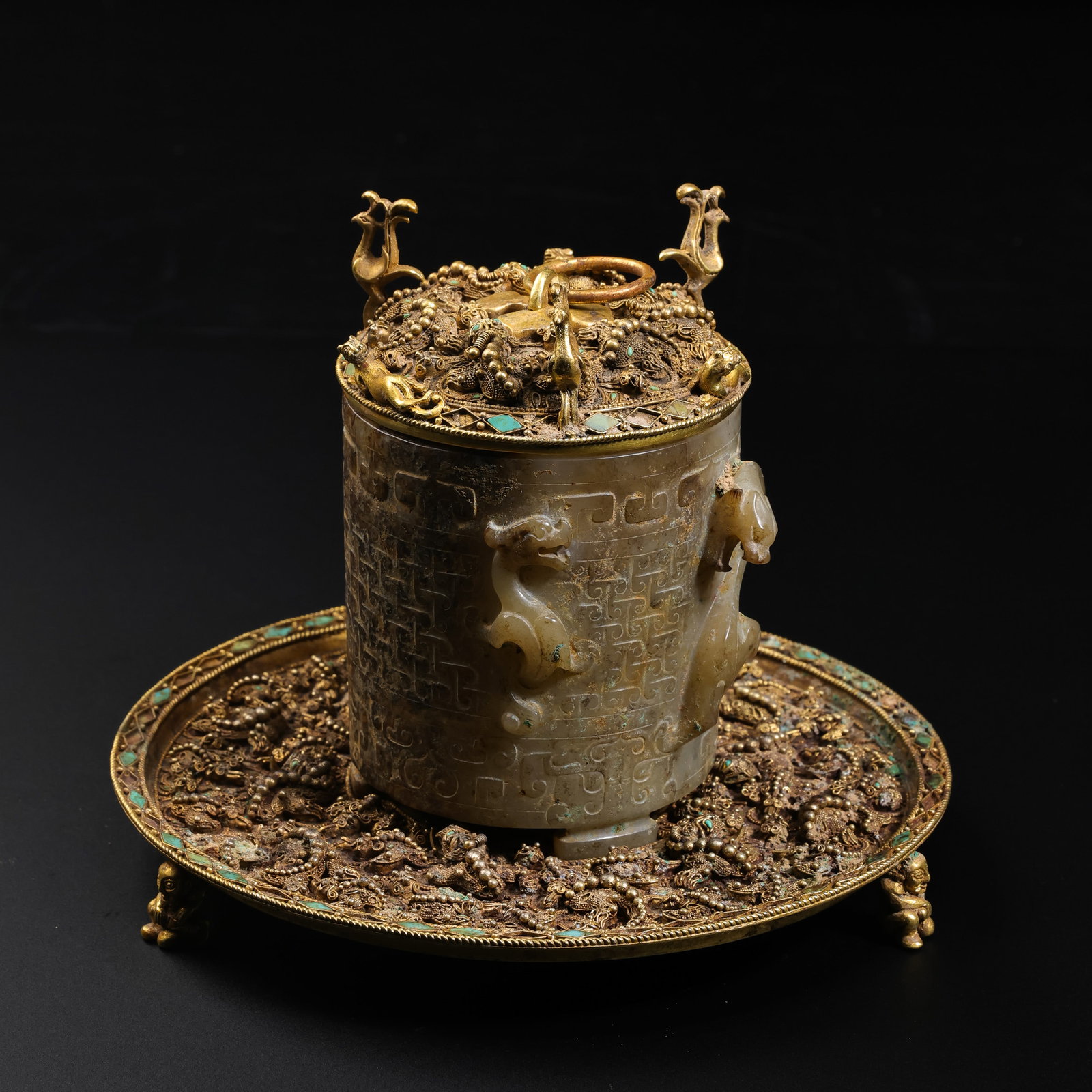 Pre-Ming Dynasty Hetian Jade Granulation Turquoise-Inlaid Silver-Gilt Cup: L.14cm W.12cm H.9cm Weight.557gram