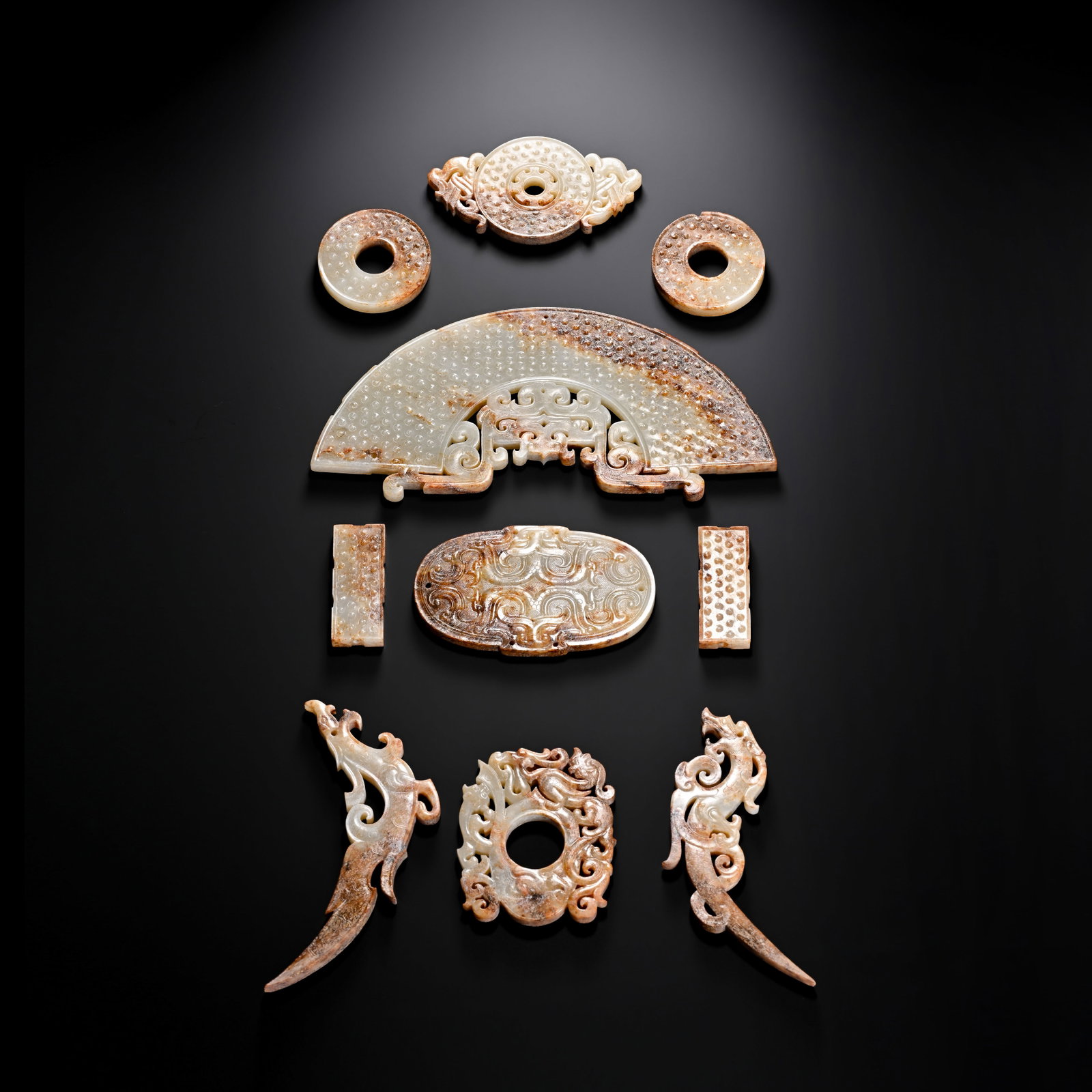 Pre-Ming Dynasty Set of Hetian Jade Group Pendants: weight. 491 grams