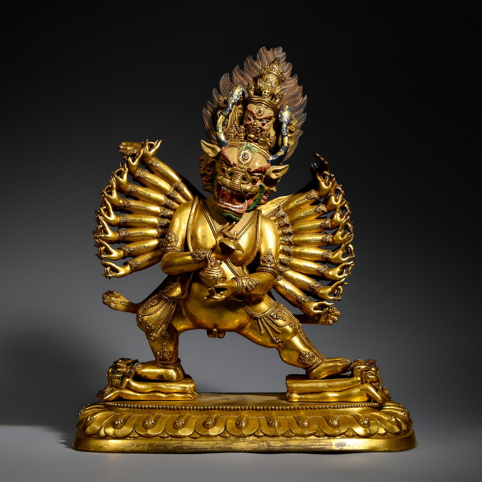 Qing Dynasty Gilt-Bronze Vajrabhairava (Yamantaka) Statue: H. 26cm.W.31cm.weight.10480grams