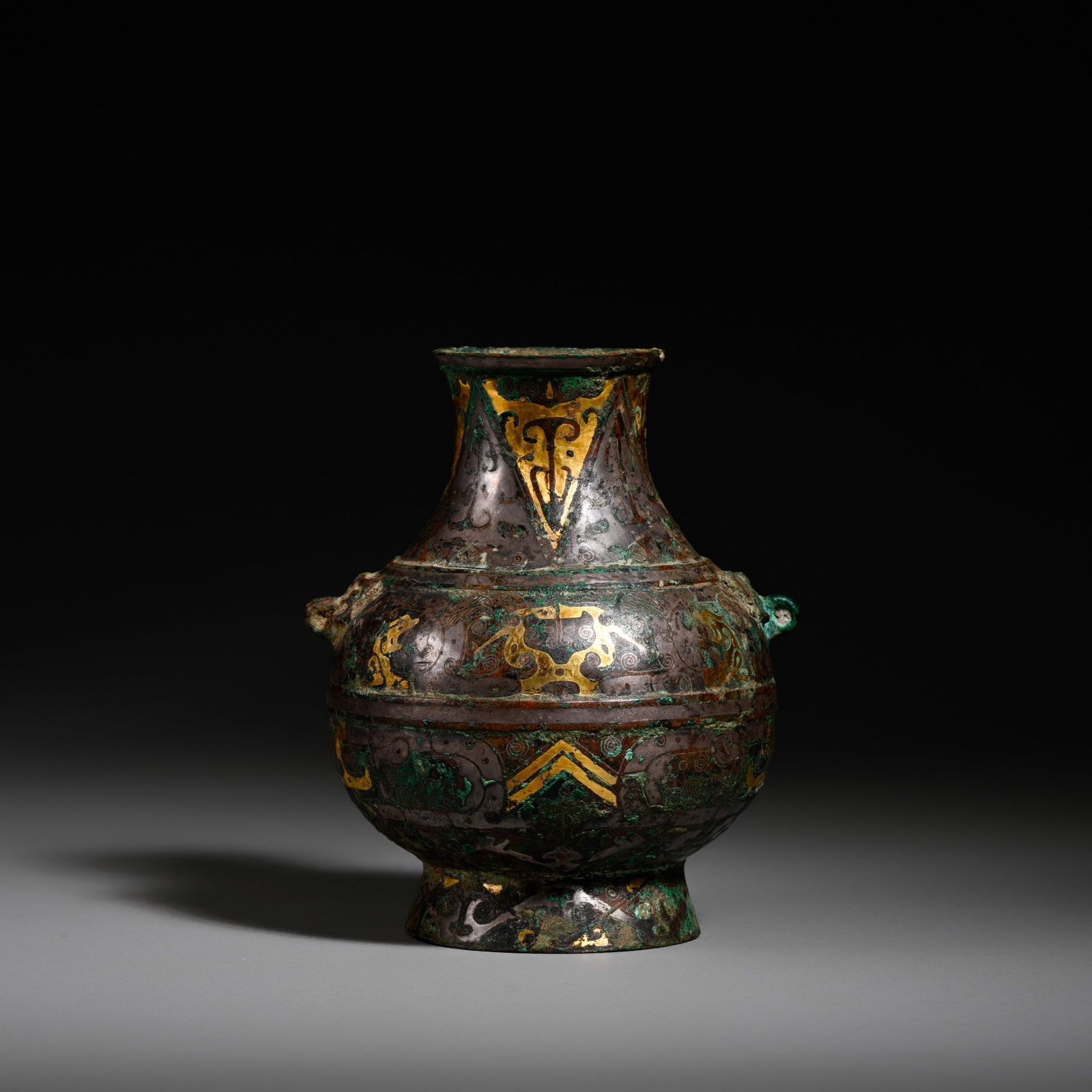 Pre-Ming Dynasty Gold and Silver Inlaid Beast-Handled Vase: H. 11cm.W.10cm.weight.572grams