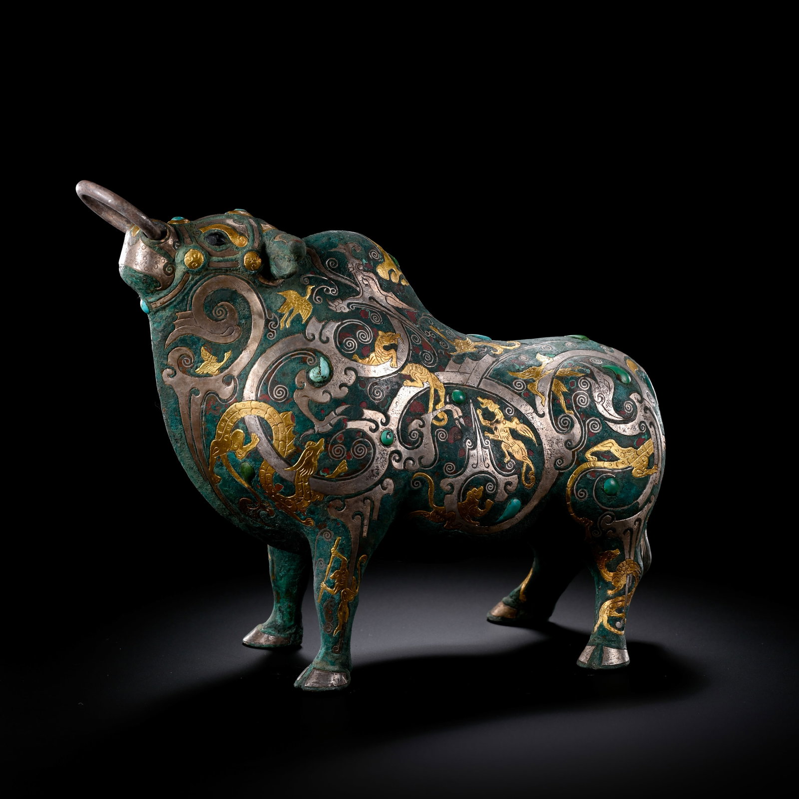 Pre-Ming Dynasty Gold and Silver Inlaid Ox Ornament: H. 16cm.W.21cm.weight.1120grams
