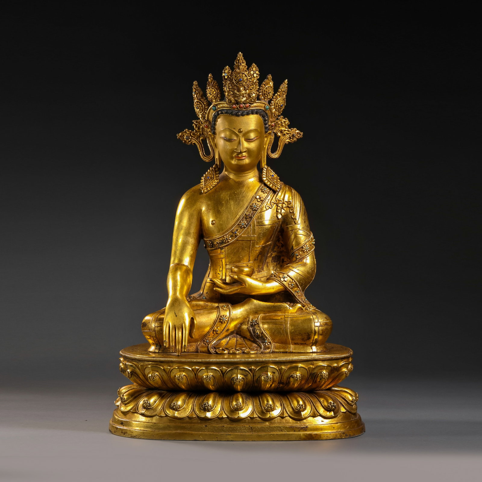Tibetan Style Gilt-Bronze Crowned Buddha Shakyamuni: H. 60cm.W.39cm.weight. 21000grams