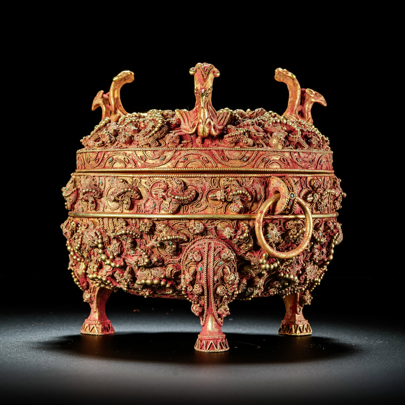 Pre-Ming Dynasty Silver-Gilt Relief Auspicious Beast Pattern Three-Legged Ring-Handled Incense: H. 12.5cm.W.13cm.weight. 938grams