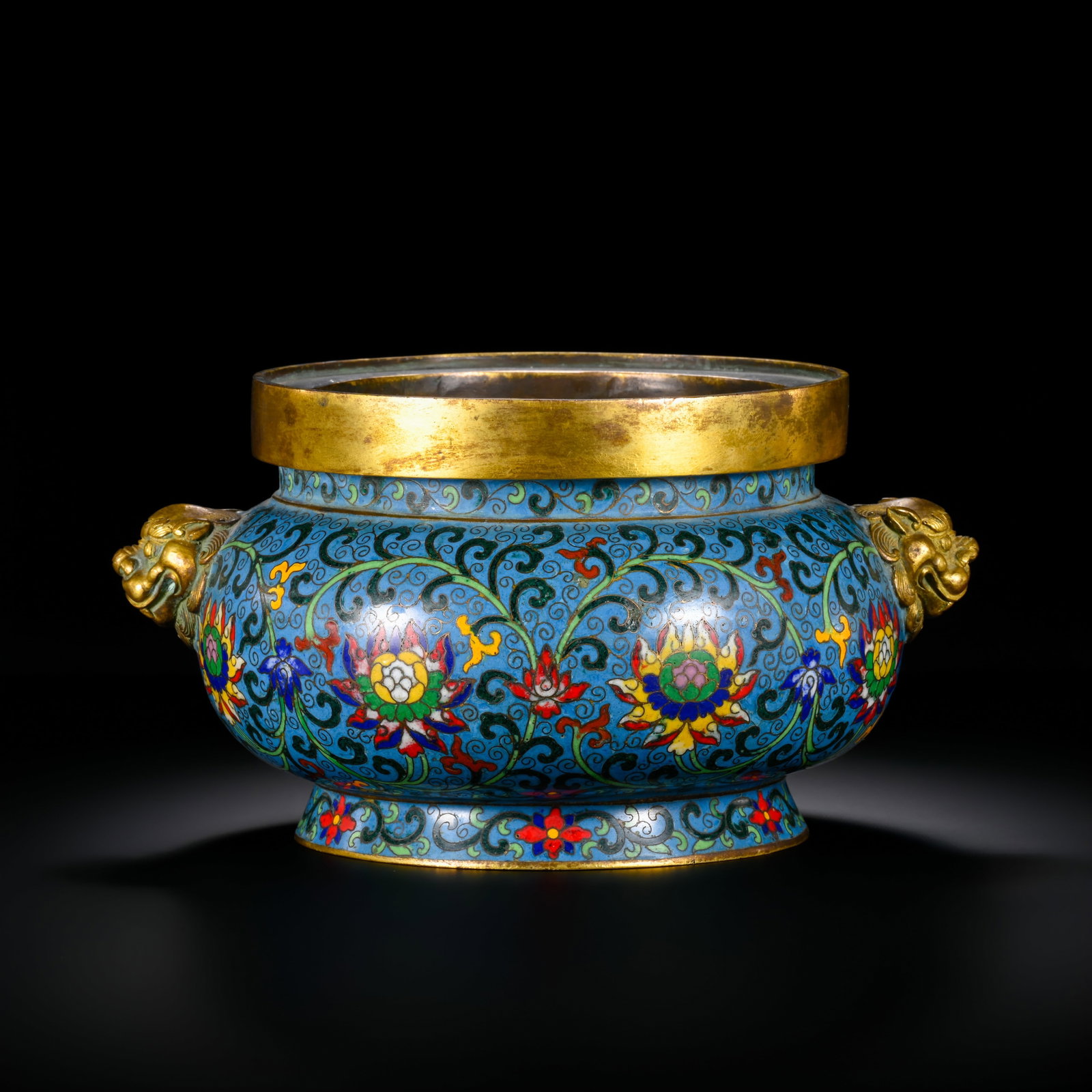 Qing Dynasty Gold Filigree Cloisonné Enamel Double-Handled Bronze Censer: H. 21.5cm.W.22cm.weight.5400grams