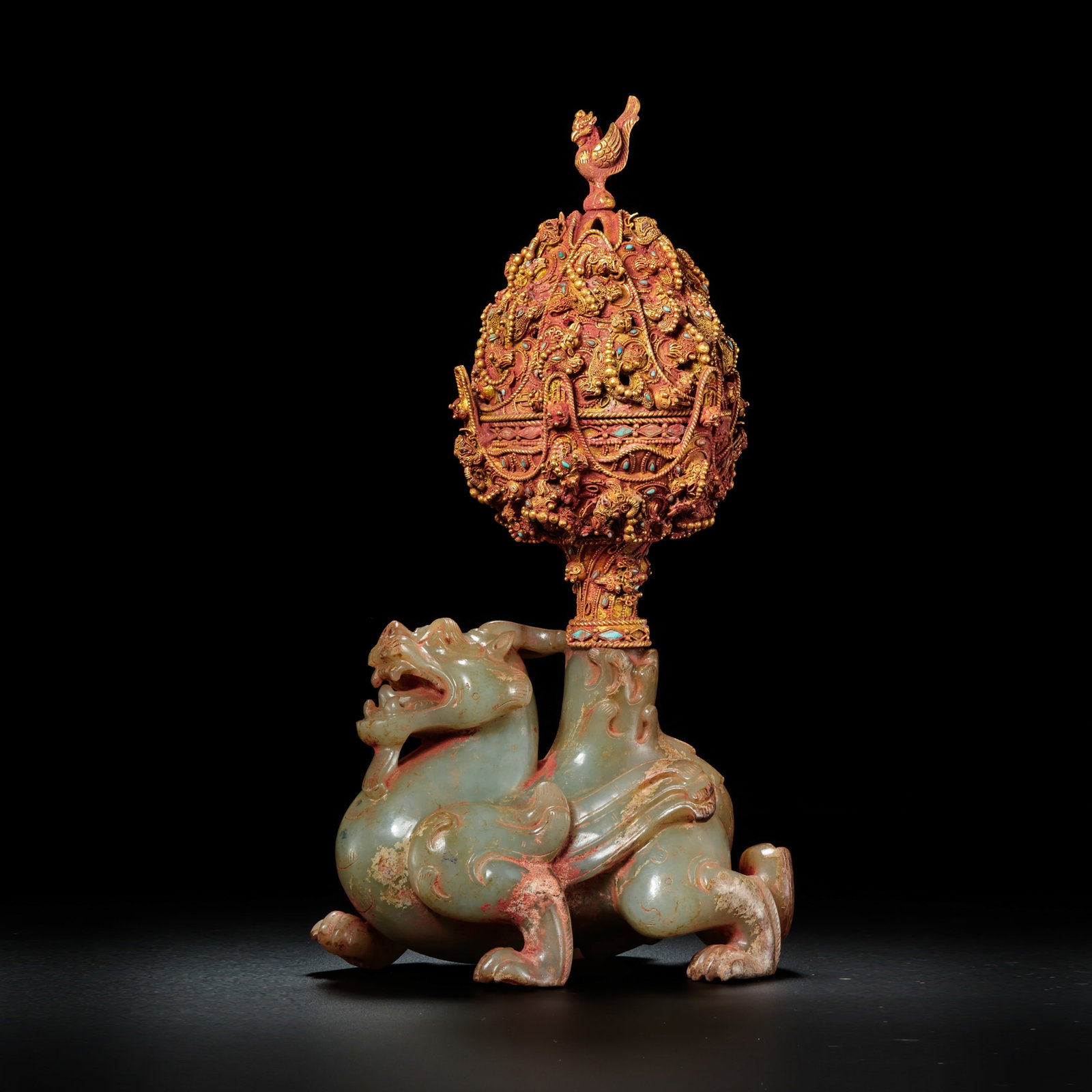 Pre-Ming Dynasty Hetian Jade Auspicious Beast Supporting Silver-Gilt Incense Burner Ornament: H. 23.5cm.W.12cm.weight. 1221grams