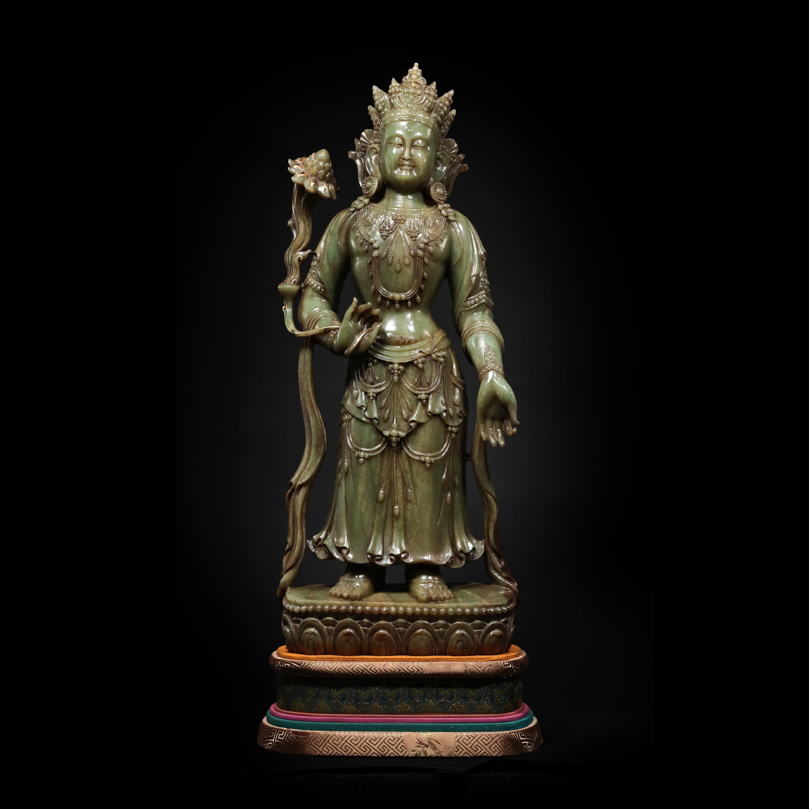 Qing Dynasty Hetian Spinach Green Jade Carved Standing Tara Holding a Lotus: H. 68cm.W.27cm.