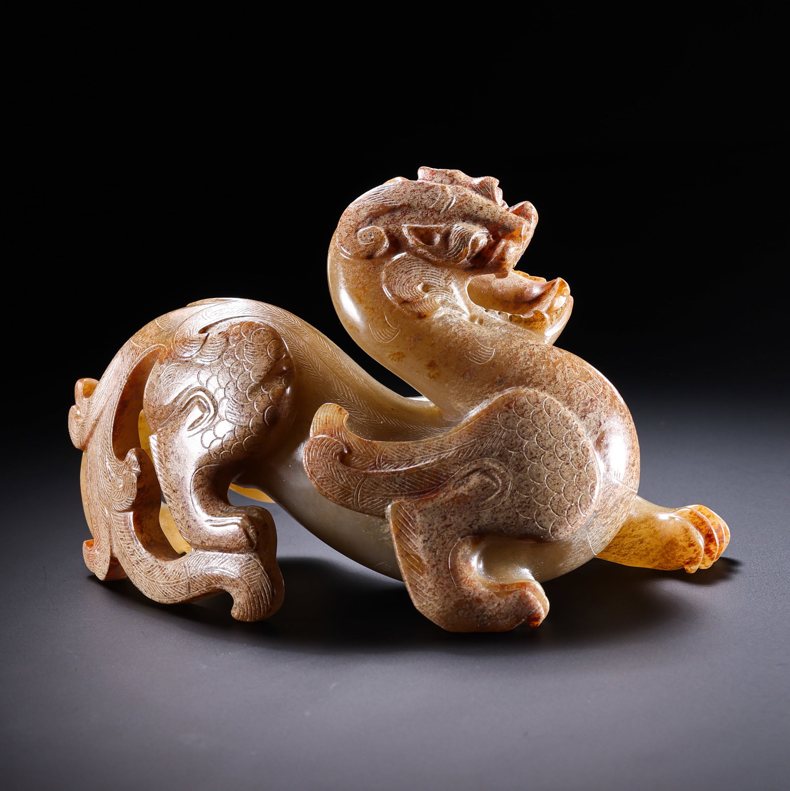Pre-Ming Dynasty Hetian Jade Auspicious Beast Ornament: H. 8.5cm.W.12cm.weight.309grams