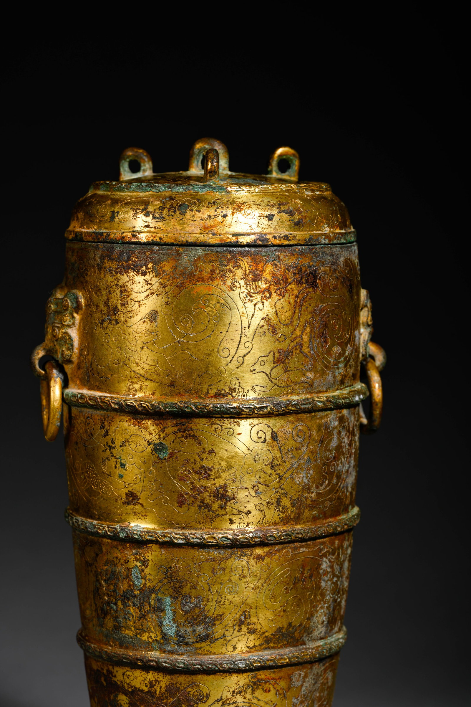 Pre-Ming Dynasty Gilt-Bronze String-Pattern Ring-Handled Covered Ewer - 3