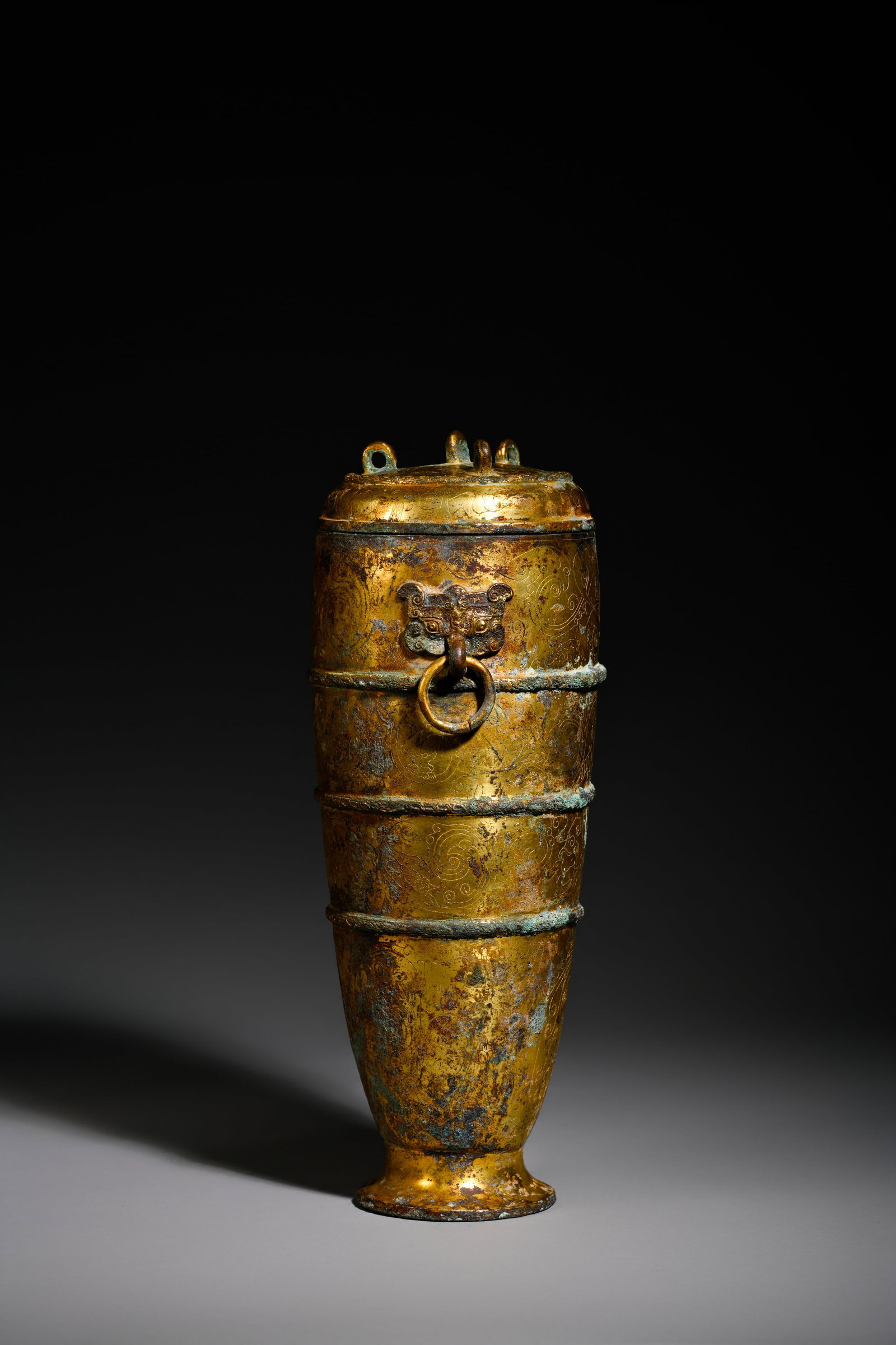 Pre-Ming Dynasty Gilt-Bronze String-Pattern Ring-Handled Covered Ewer - 5