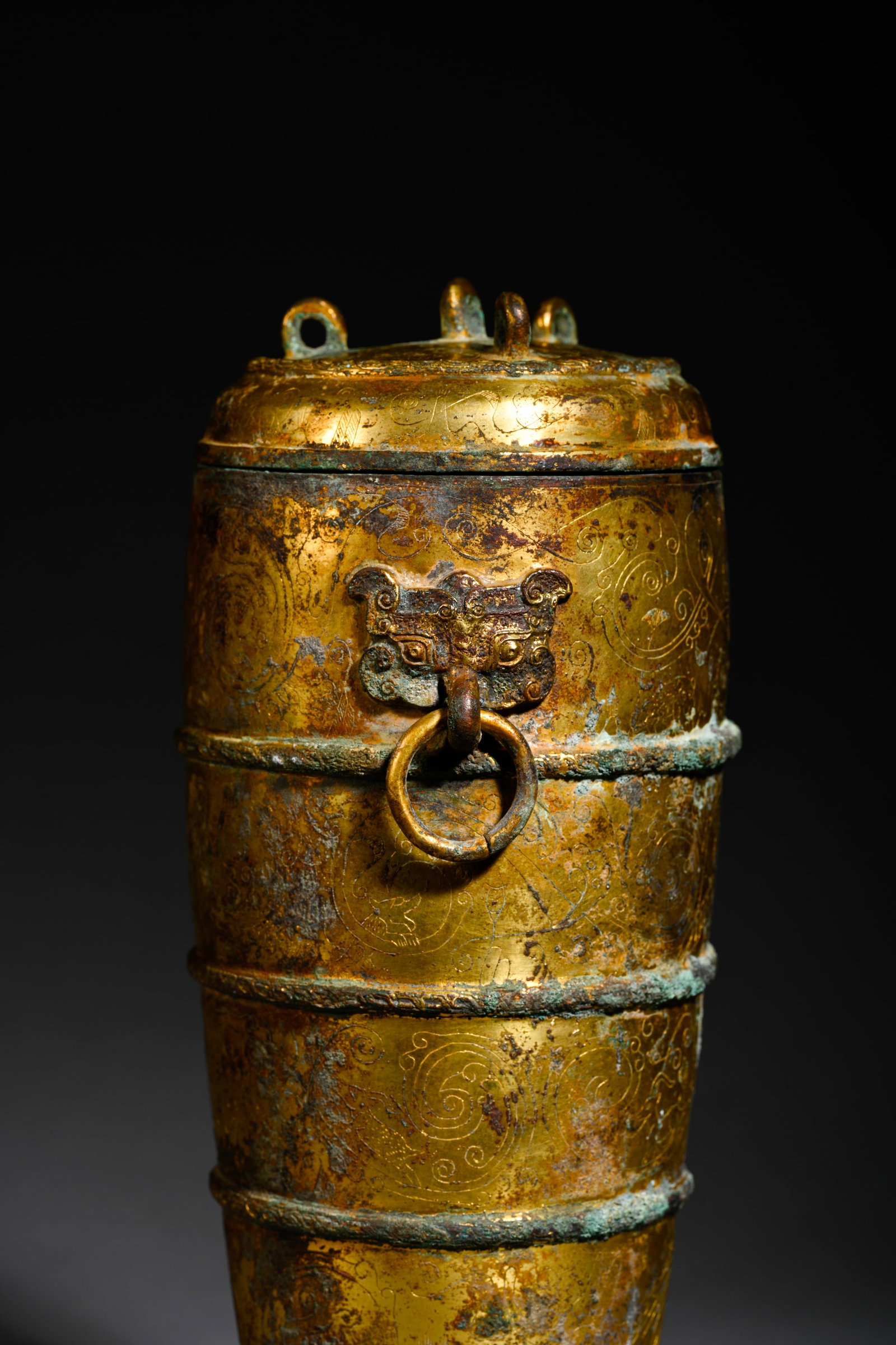 Pre-Ming Dynasty Gilt-Bronze String-Pattern Ring-Handled Covered Ewer - 6