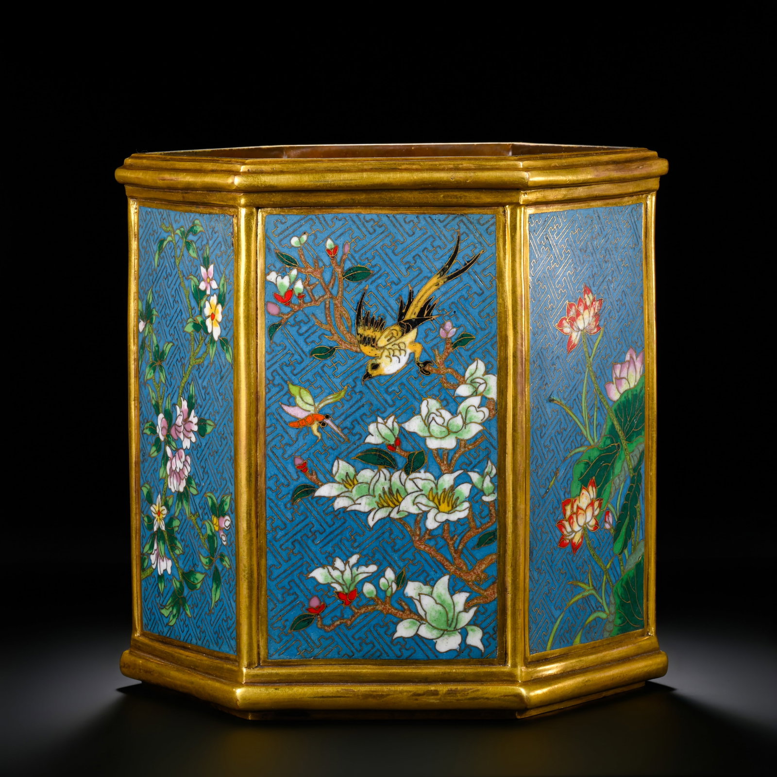 Qing Dynasty Bronze Gilt Cloisonné Enamel Bird and Floral Octagonal Brush Pot: H. 19cm.W.20cm.weight.5850grams