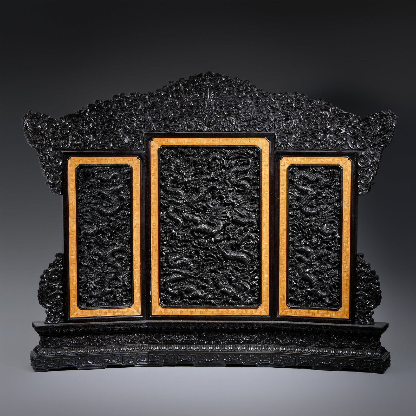 Qing Dynasty Zitan Wood Openwork Nine-Dragon Three-Panel Screen: H. 63cm.W.75cm.weight.8650grams
