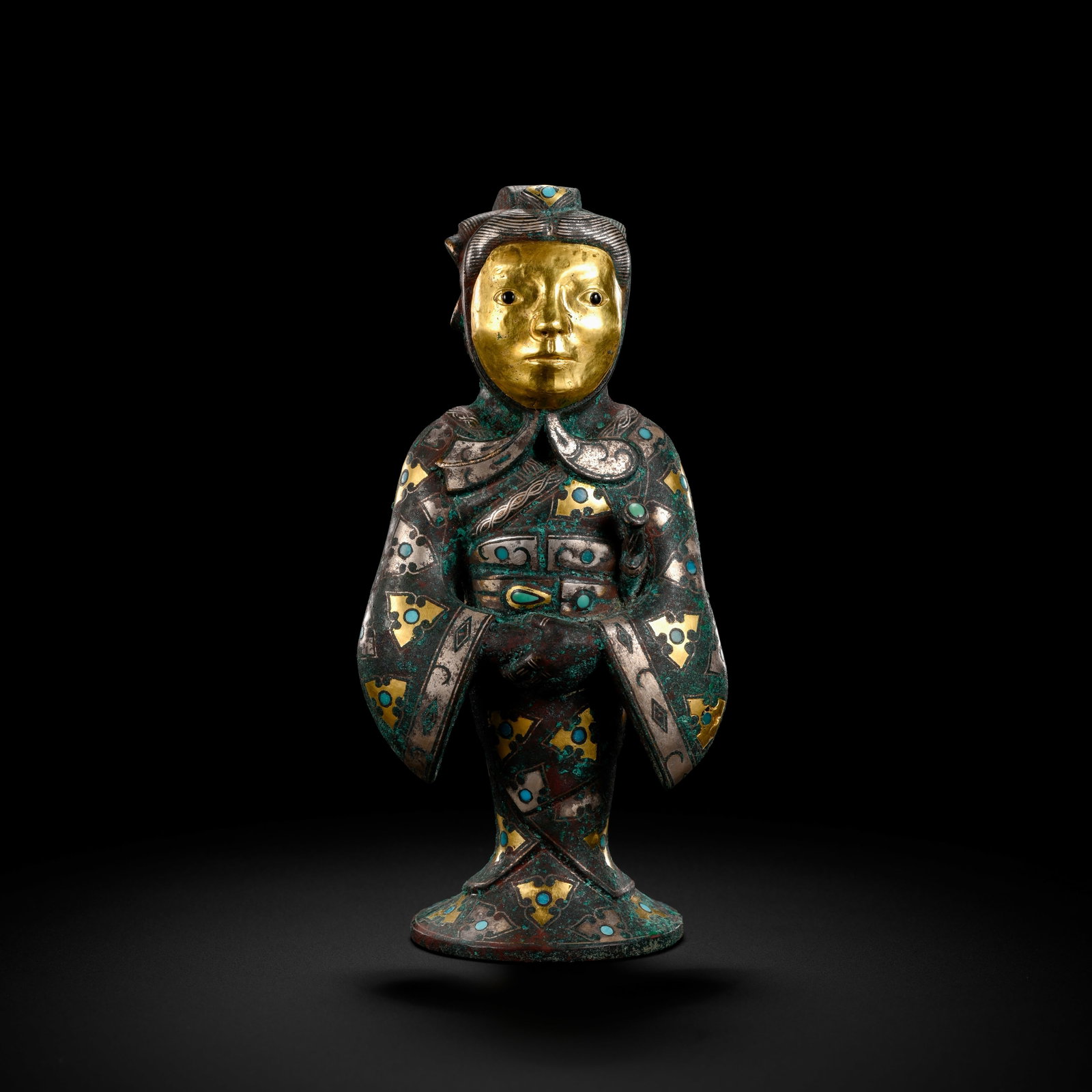 Pre-Ming Dynasty Gold and Silver Inlaid Turquoise Figure Ornament: H. 13cm.W.6.5cm.weight.375grams