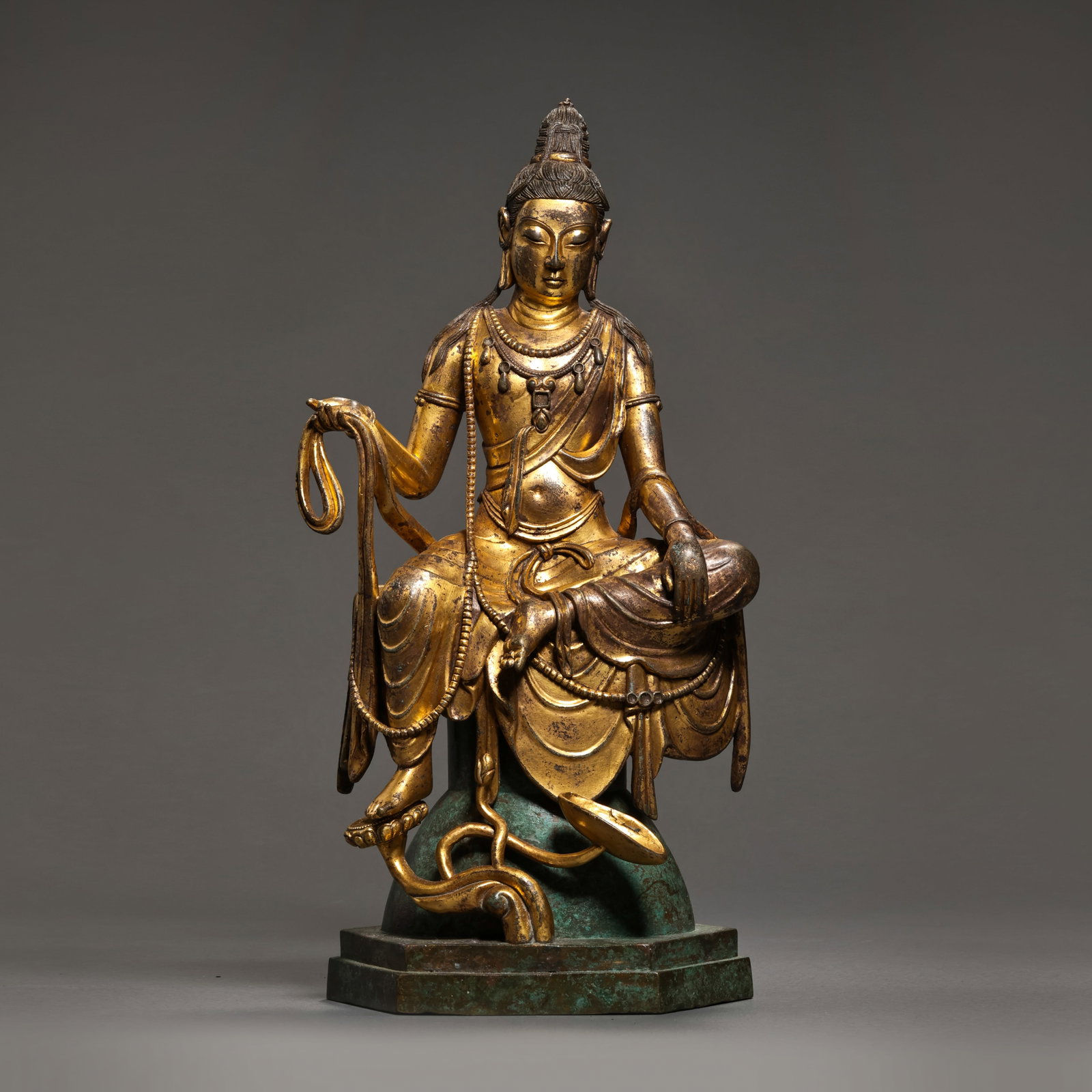 Pre-Ming Dynasty Gilt-Bronze Water-Moon Guanyin Statue: H. 28cm.W.14cm.weight. 2580grams