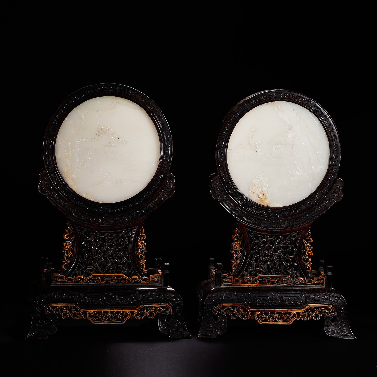 Pair of Qing Dynasty Zitan Wood Inlaid Hetian Jade Landscape Scholar's Screens: H. 43 cm.W. 28 cm.