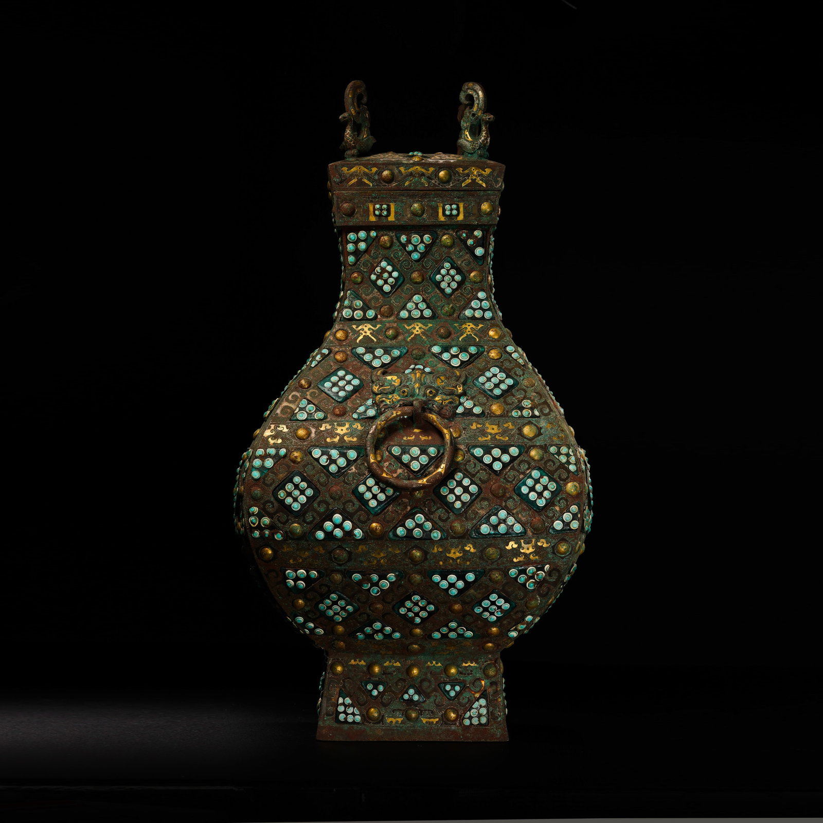 Pre-Ming Dynasty Gold and Silver Inlaid Turquoise Square Vase: H. 47cm.W.22cm.weight.9461grams