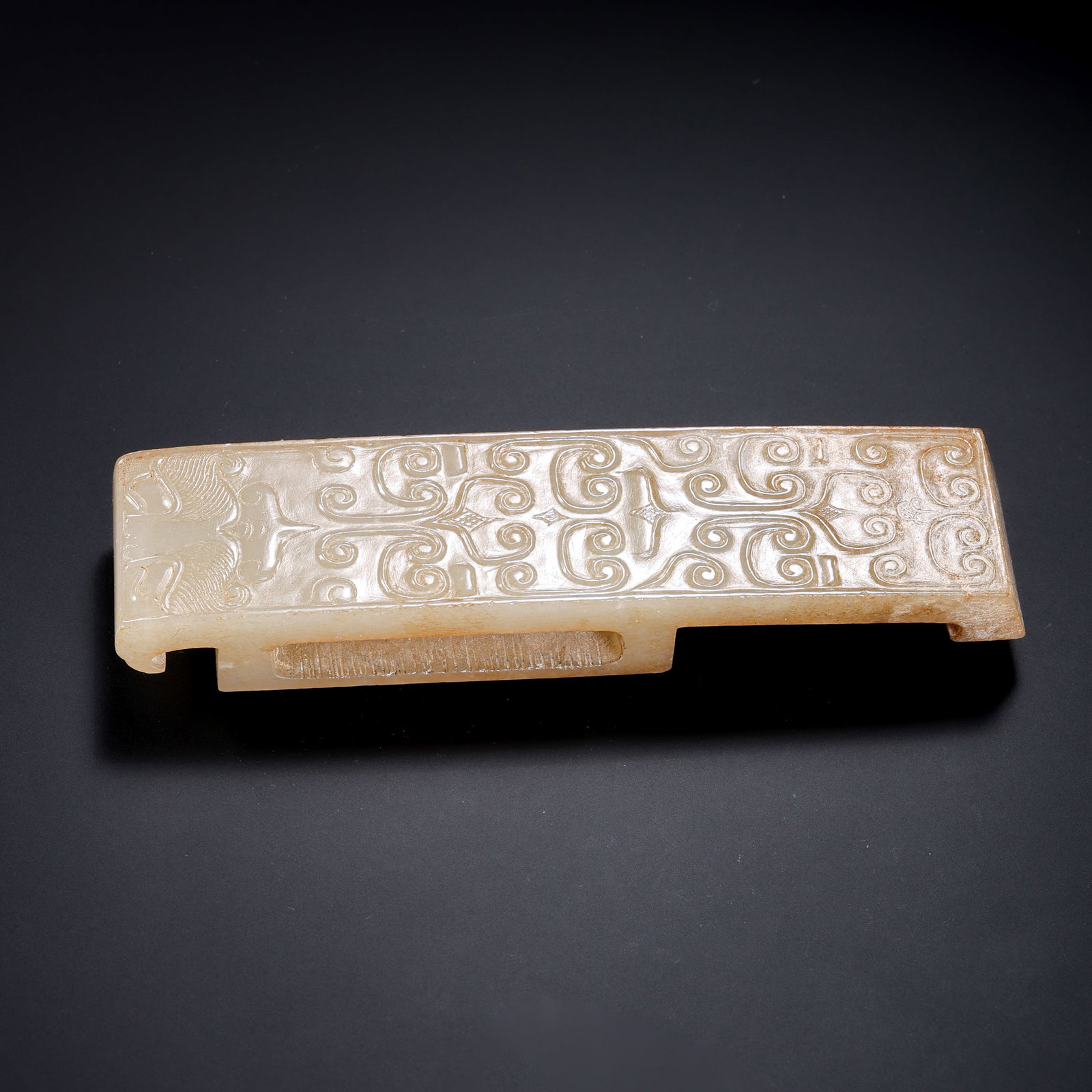 Pre-Ming Dynasty Hetian Jade Beast-Face Pattern Sword Guard (Jianwei): H. 2.6cm.W.10.8cm.weight.69grams