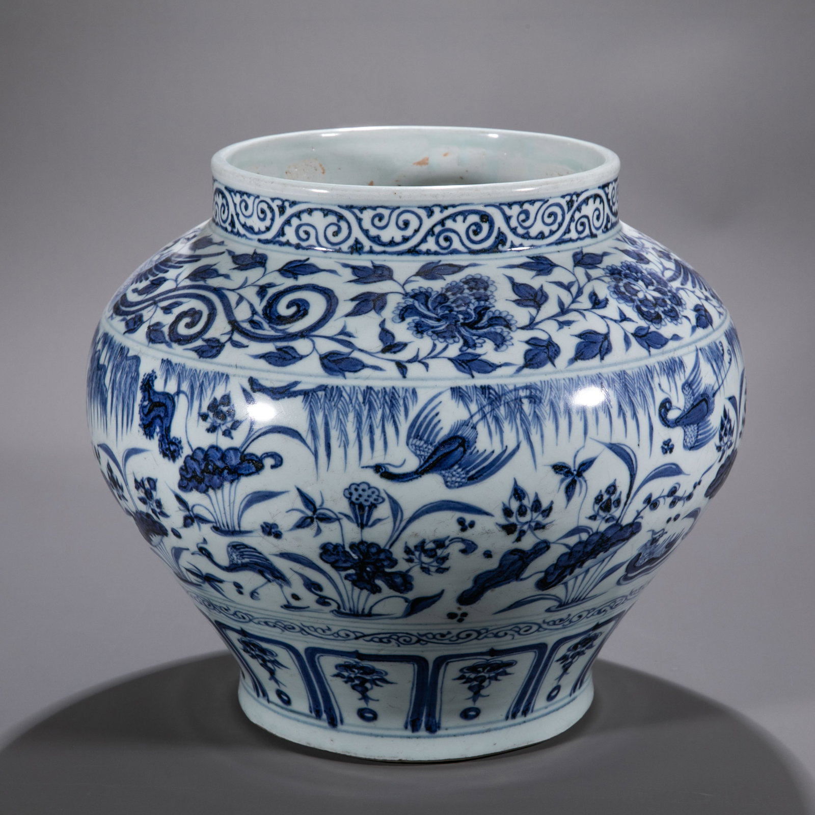 Large Underglaze Blue Jar with Interlocking Peony and Phoenix Passing Through Flowers: H. 51cm.W.8cm.