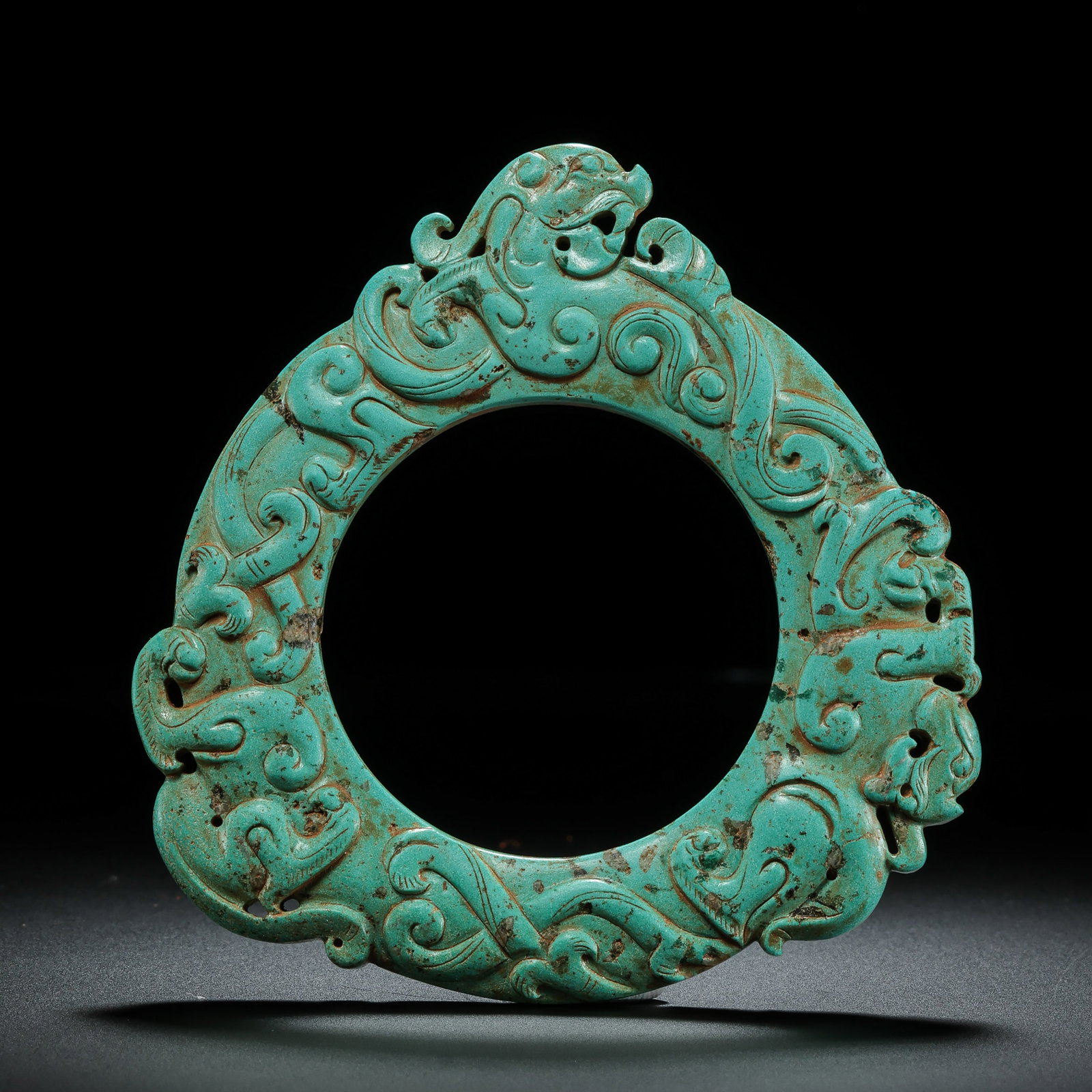 Pre-Ming Dynasty Turquoise Openwork Dragon and Phoenix Ring Pendant: W.9.5cm.weight. 67grams