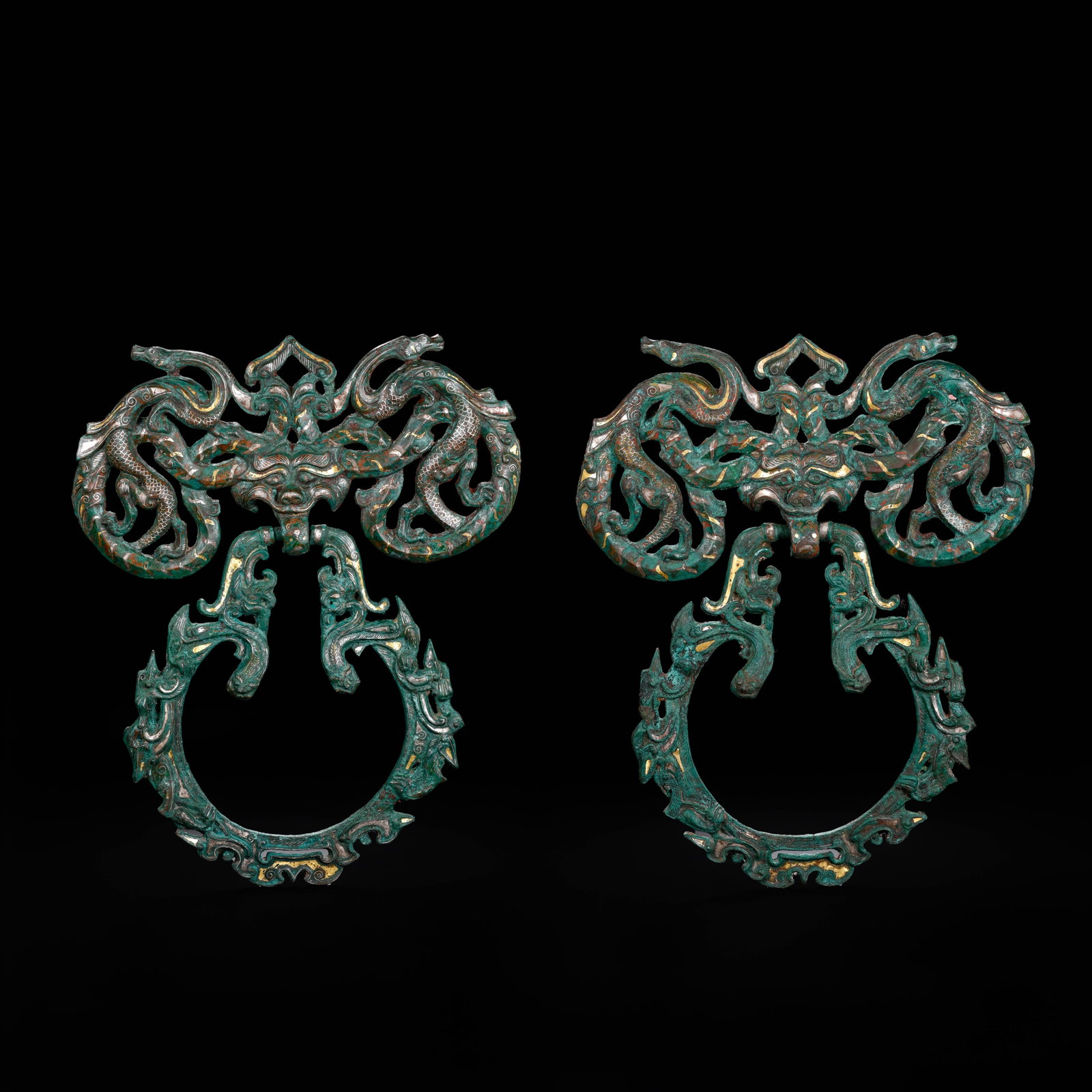 Pair of Pre-Ming Dynasty Gold and Silver Inlaid Ring-Handled Plaques (Pushou): H. 22cm.W.18cm.weight.1480grams