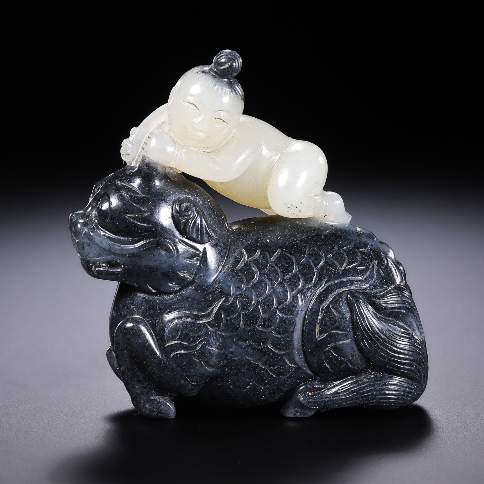 Qing Dynasty Hetian Jade Qilin Sending a Son Ornament: H. 5.5cm.W.5cm.weight.77grams