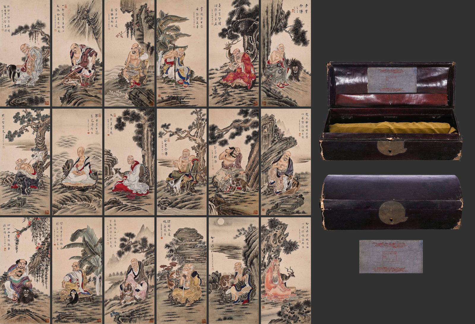 Eighteen Arhats by Master Hongyi, Formerly in the Collection of Qingfu Temple, with Original Box: L:27cm H:38cm