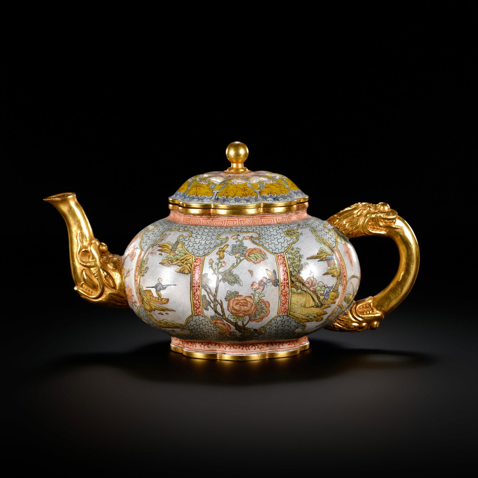 Qing Dynasty Painted Enamel Gilt-Bronze Bird and Floral Ewer: H. 9cm.W.16.5cm.weight.376grams