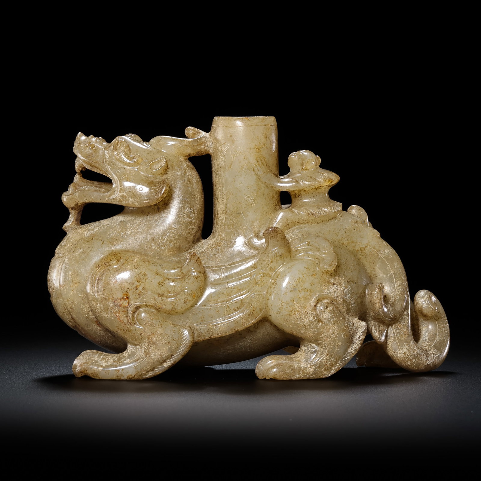 Pre-Ming Dynasty Hetian Jade Auspicious Beast Ornament: H. 8cm.W.12cm.weight.474grams